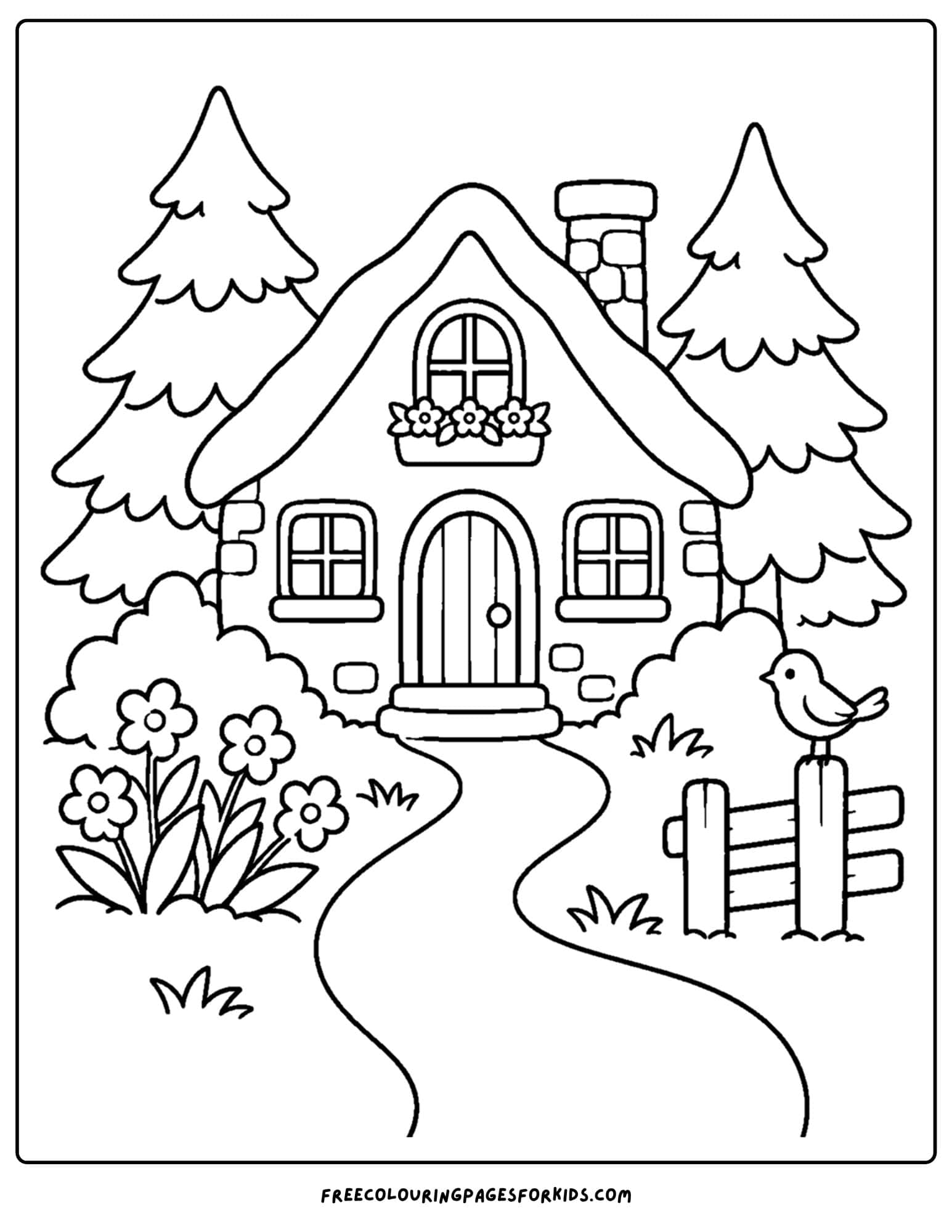 a coloring page of a woodland cottage with a winding path