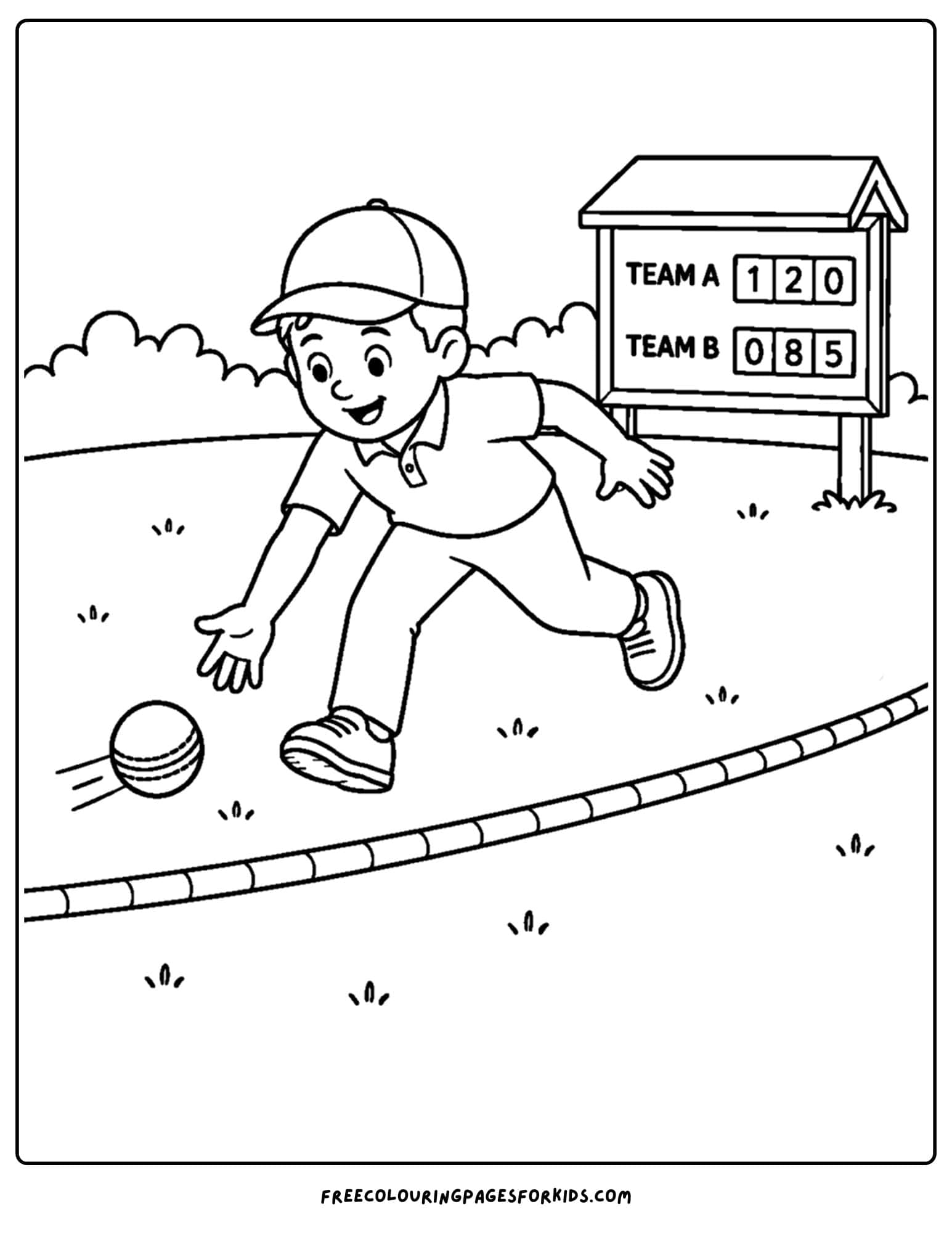 a cricket coloring page of a fielder fielding the ball