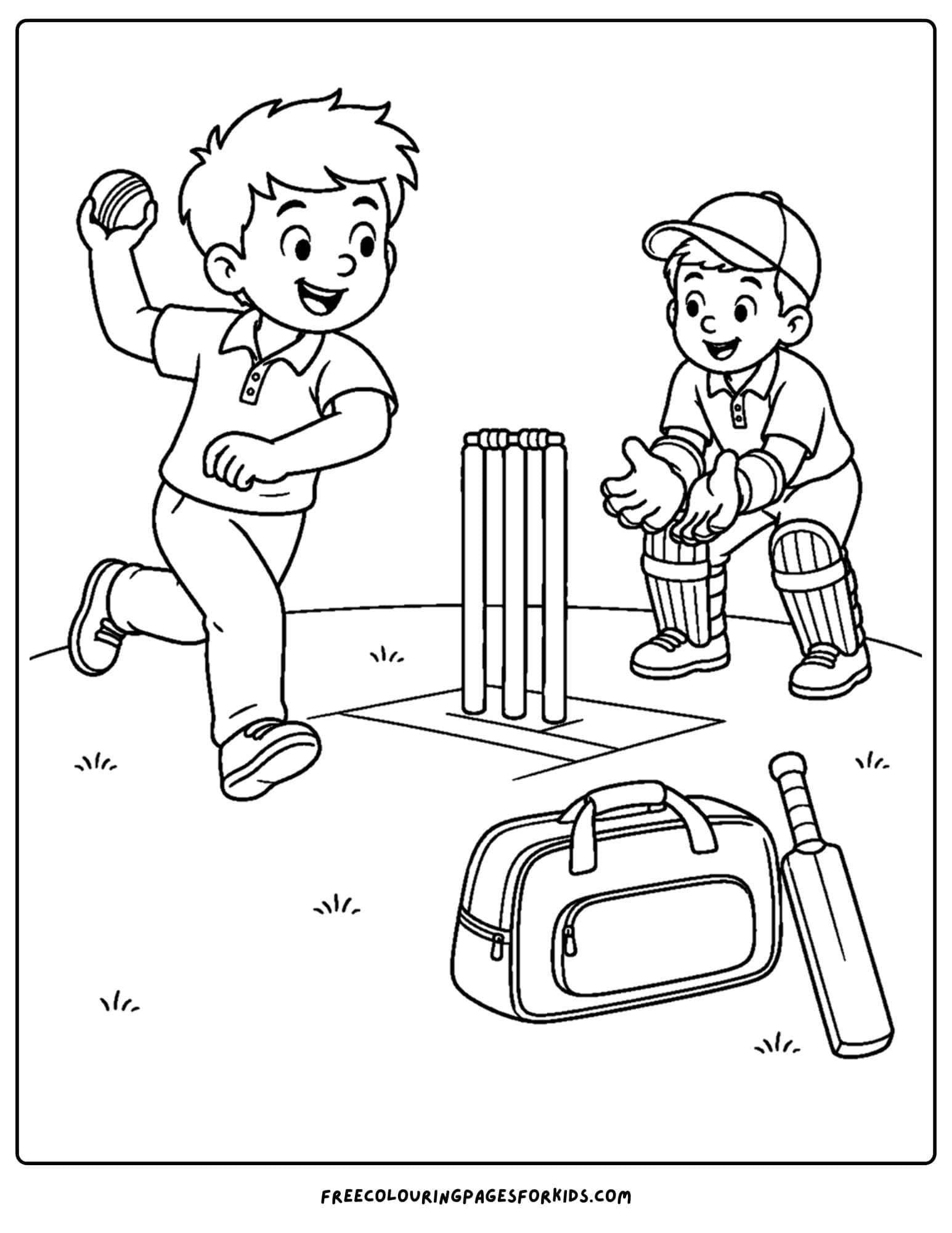 a cricket coloring page of a bowler and a wicketkeeper
