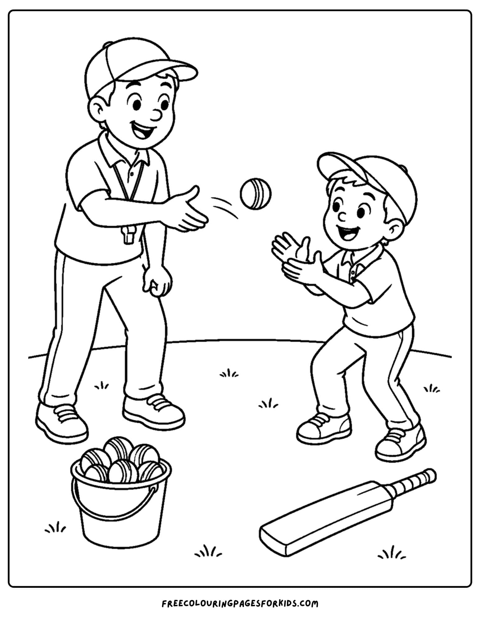 a cricket coloring page of a coach doing catching practice with a player