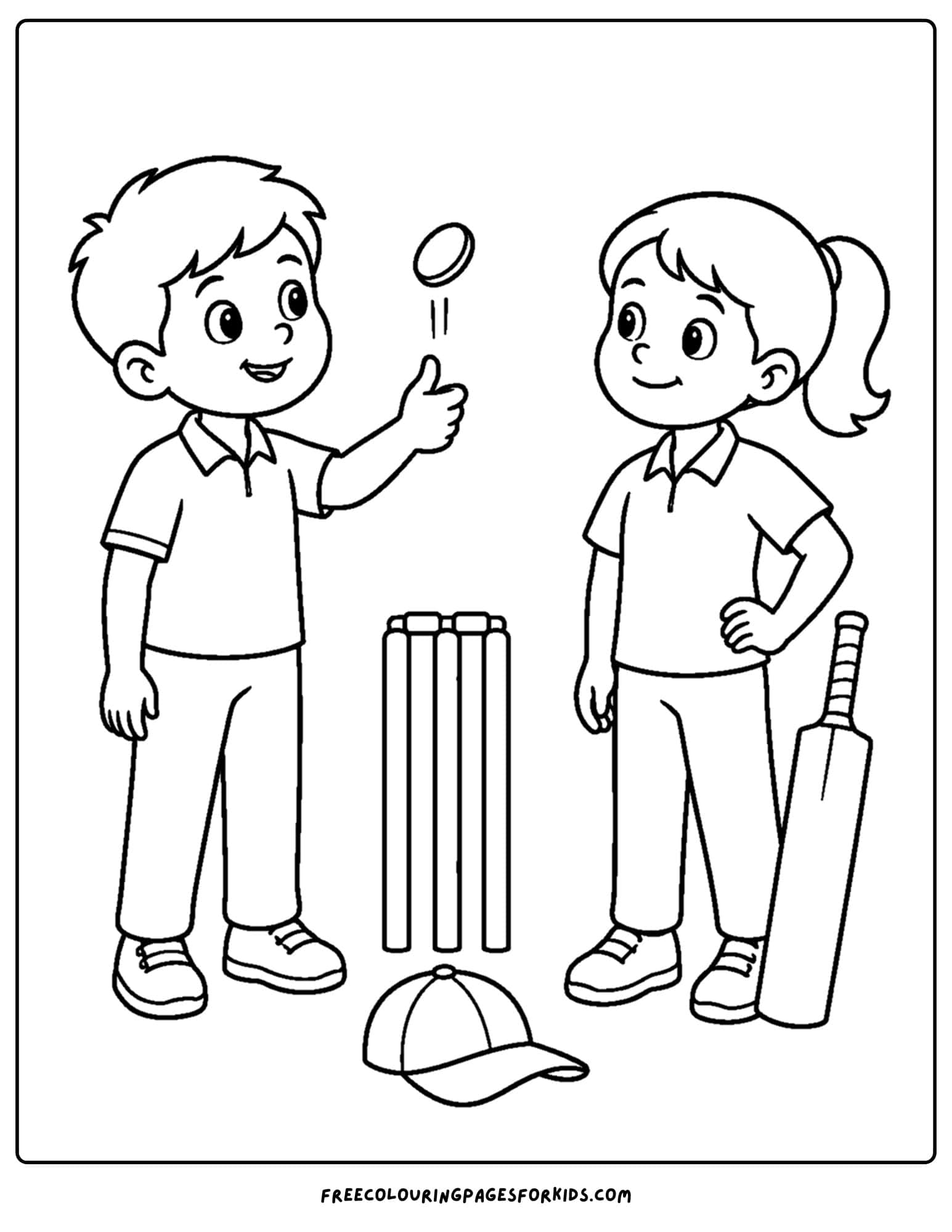 a cricket coloring page of a coin toss to decide who bats and who fields first