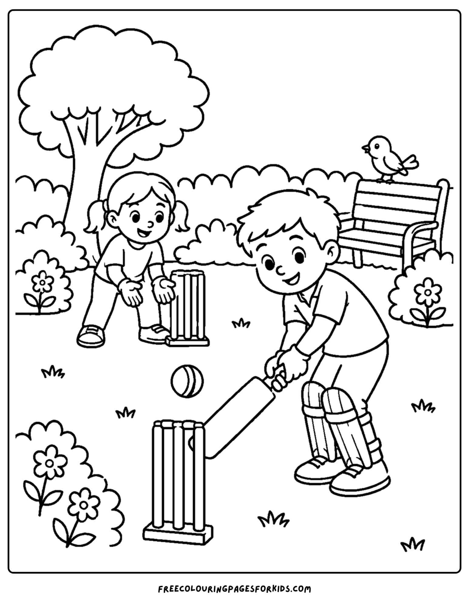 a cricket coloring page of a cricket match in the garden