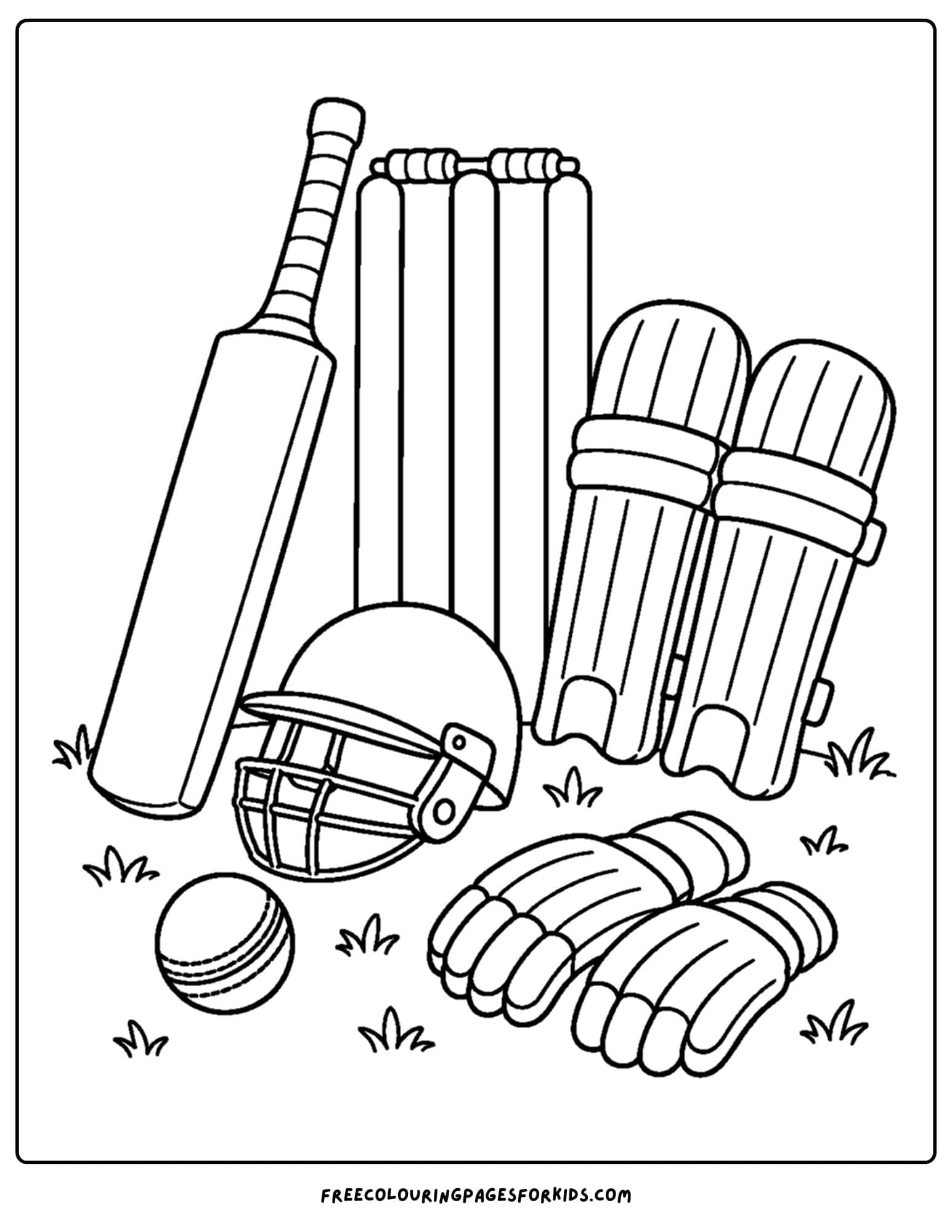 a cricket coloring page of a collection of cricket gear
