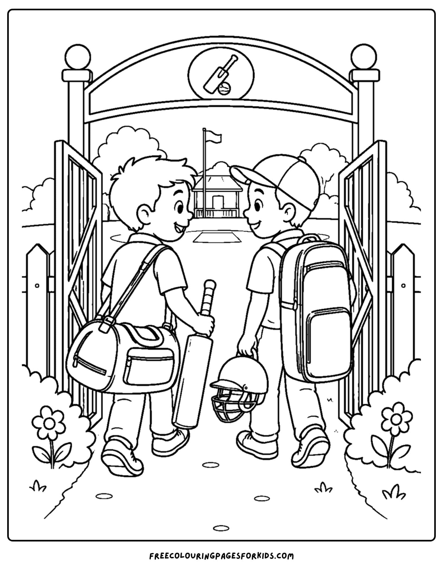 a cricket coloring page of a kids arriving at the cricket ground