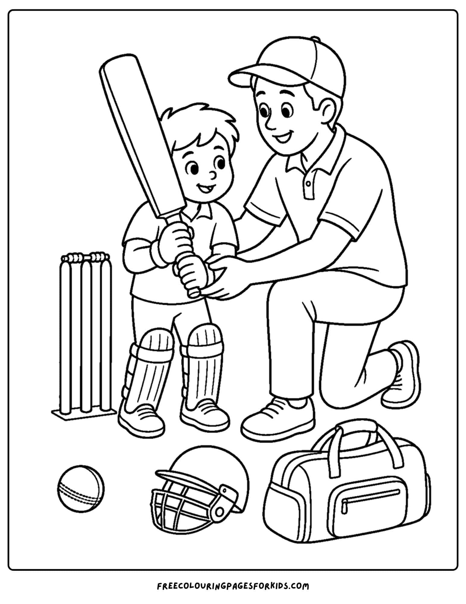 a cricket coloring page of a child learning to bat