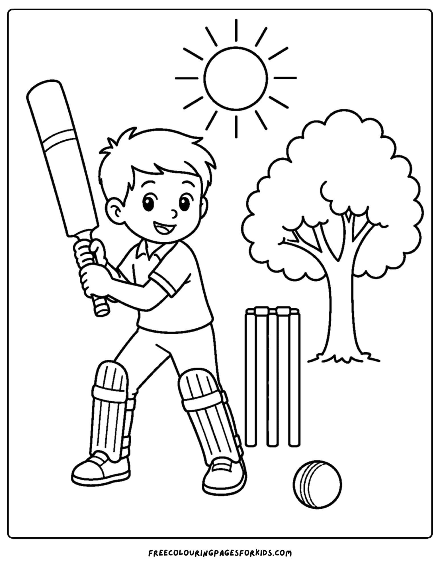 a cricket coloring page of a child playing cricket under the sun