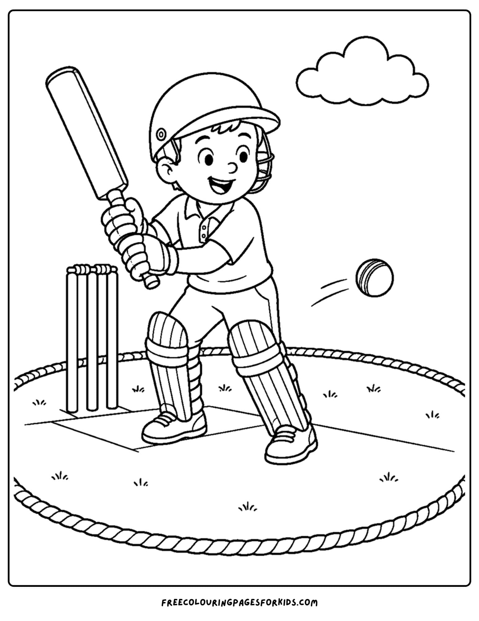 a cricket coloring page of a player about to hit the ball