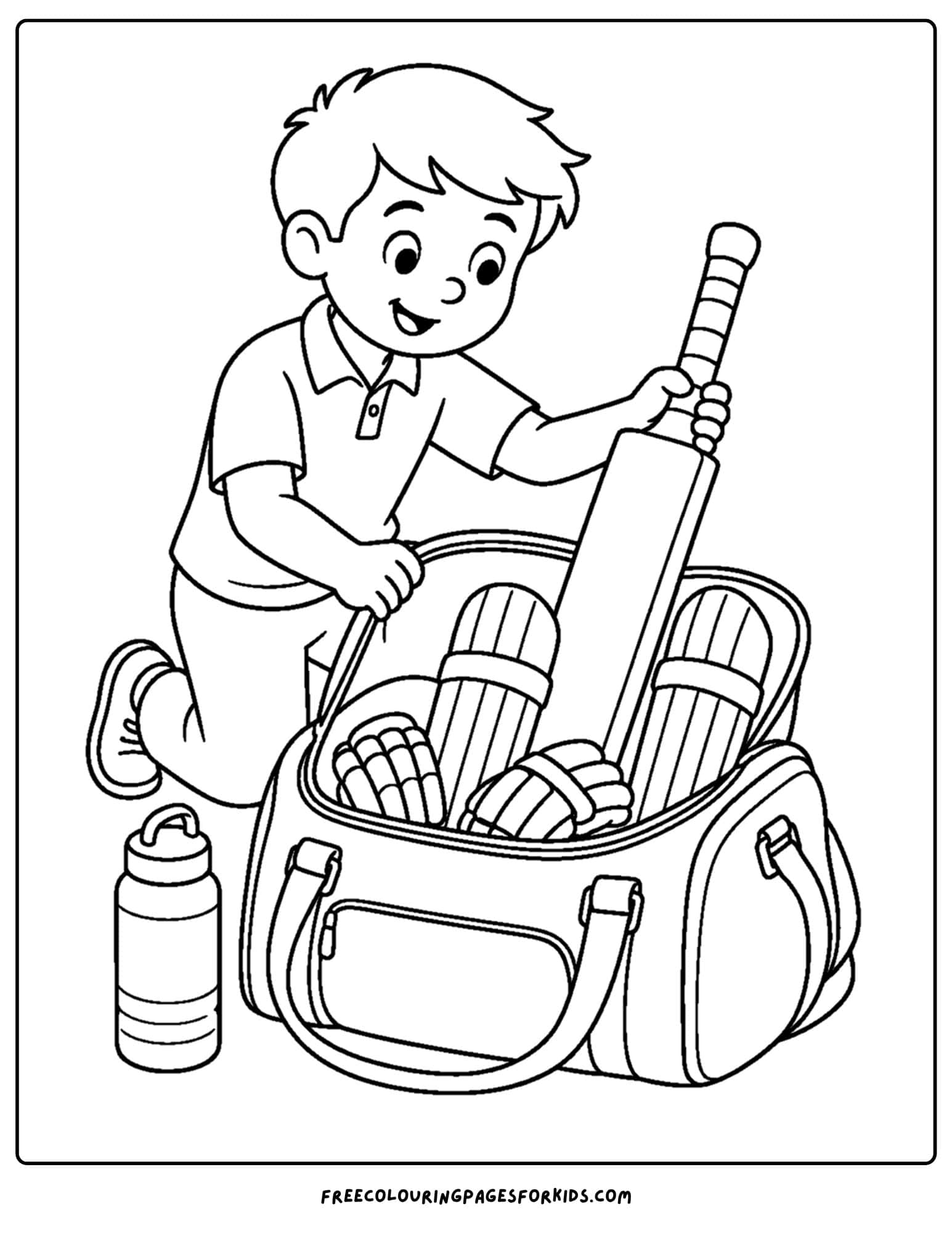 a cricket coloring page of a player packing their gear bag