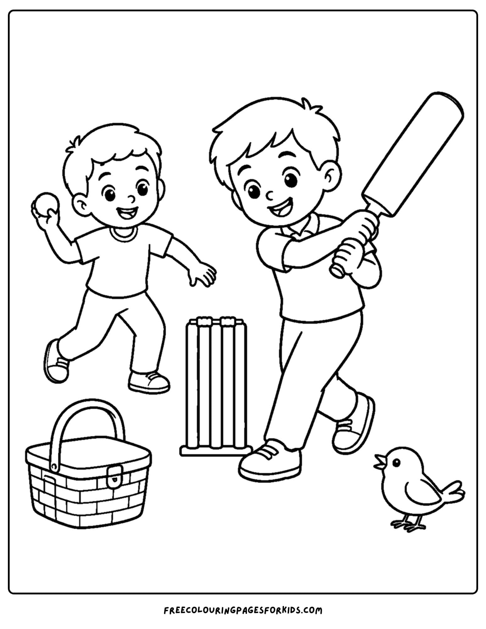 a cricket coloring page of kids playing a game of cricket