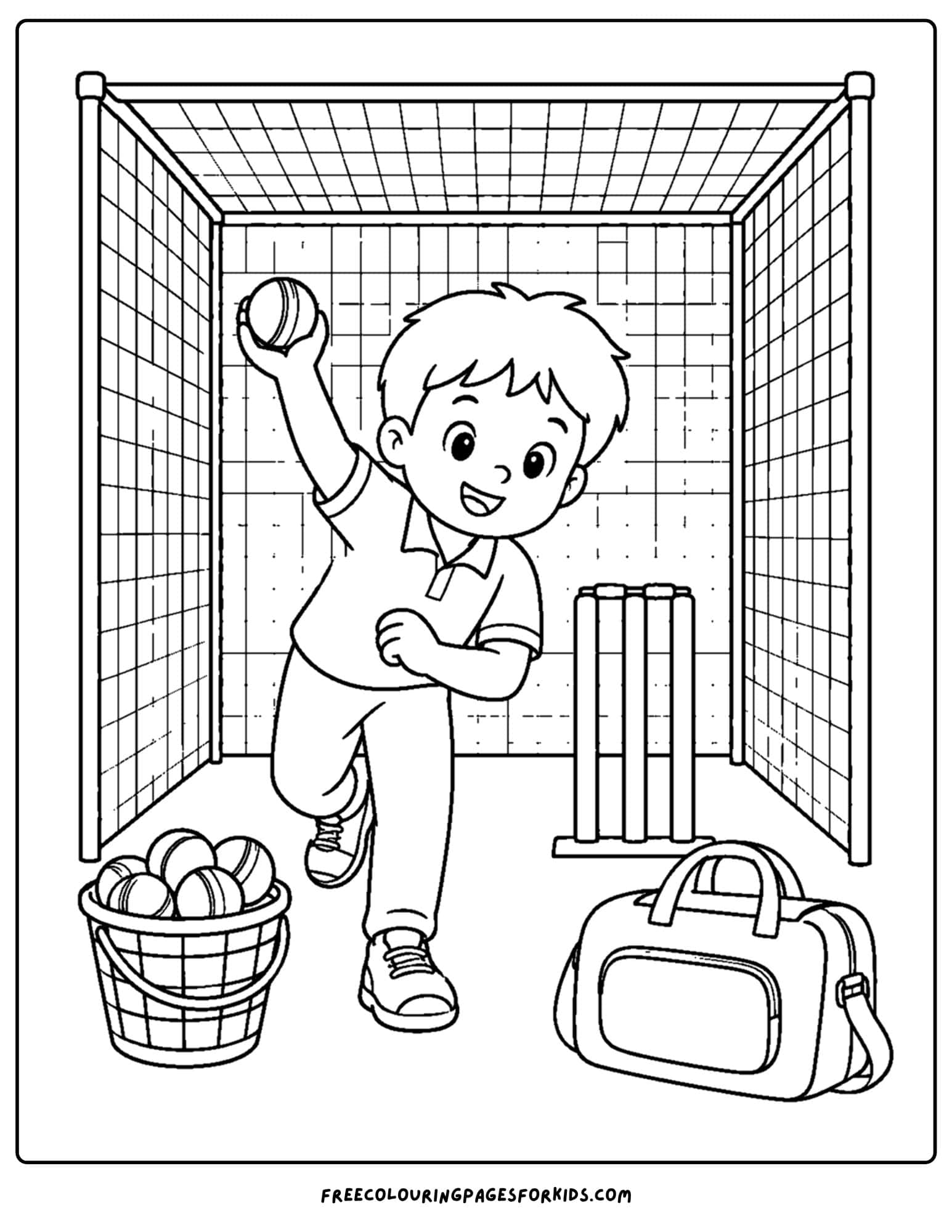 a cricket coloring page of a bowler practicing in the nets