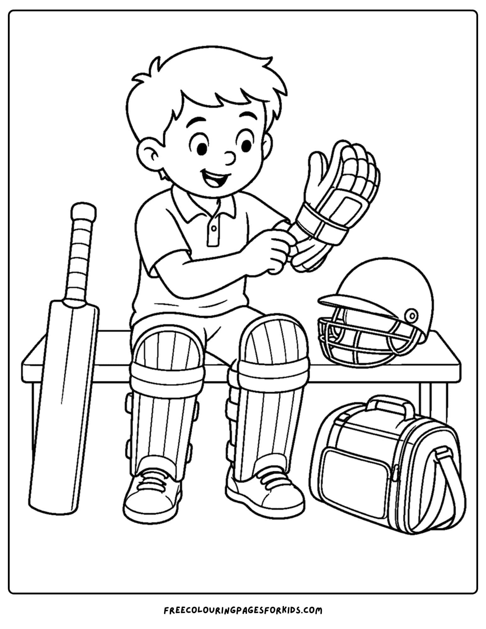 a cricket coloring page of a batter putting on their gear
