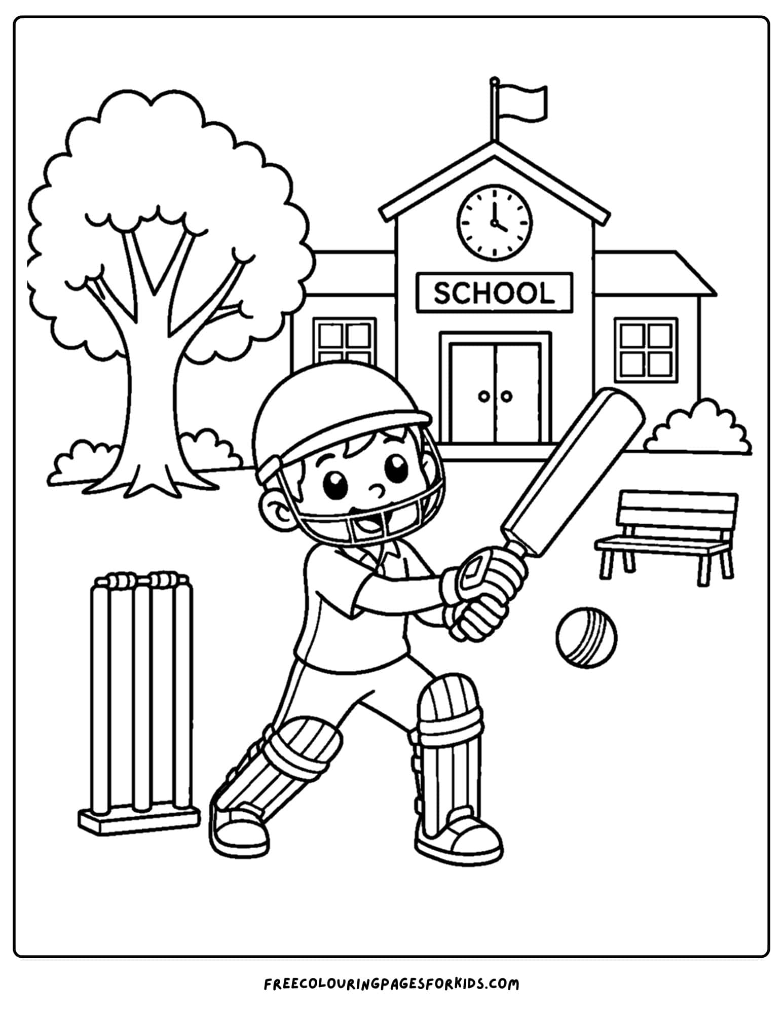 a cricket coloring page of a cricket game being played at school