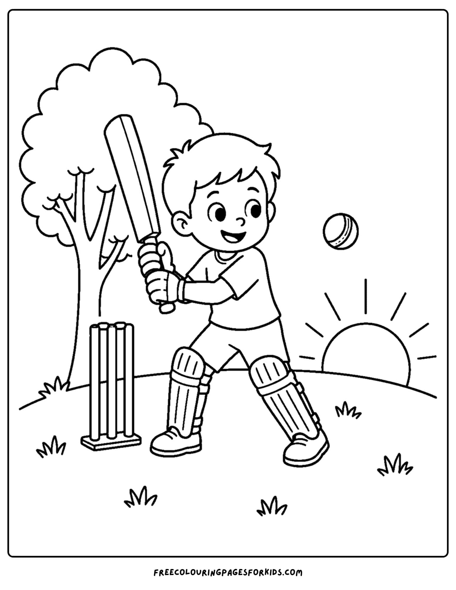 a cricket coloring page of a boy playing cricket at sunset