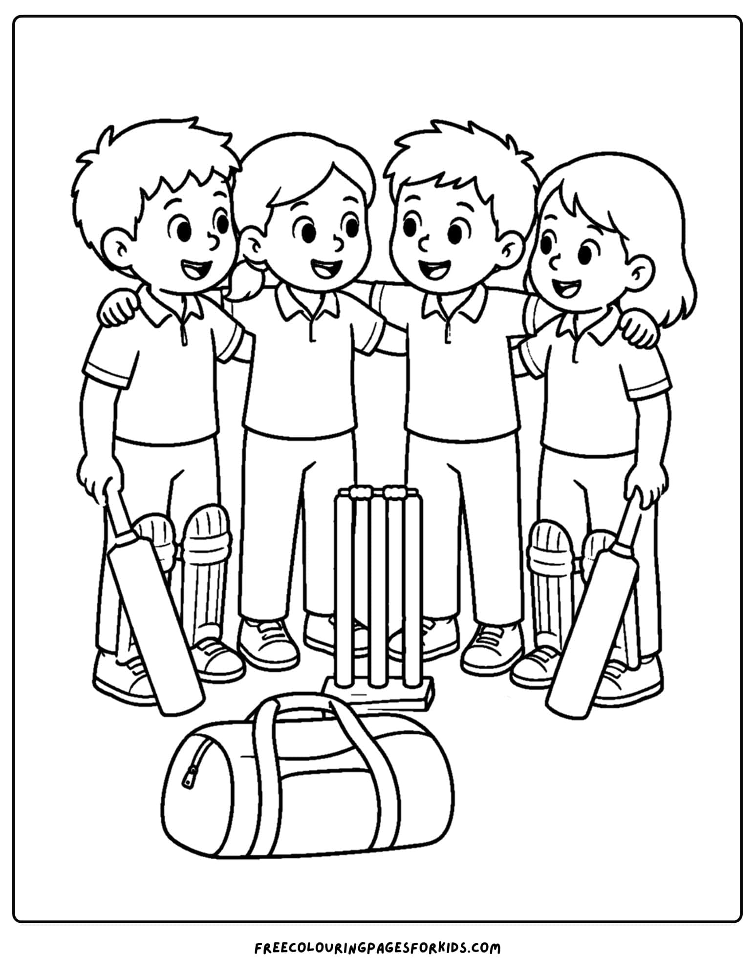 a cricket coloring page of a team in a huddle
