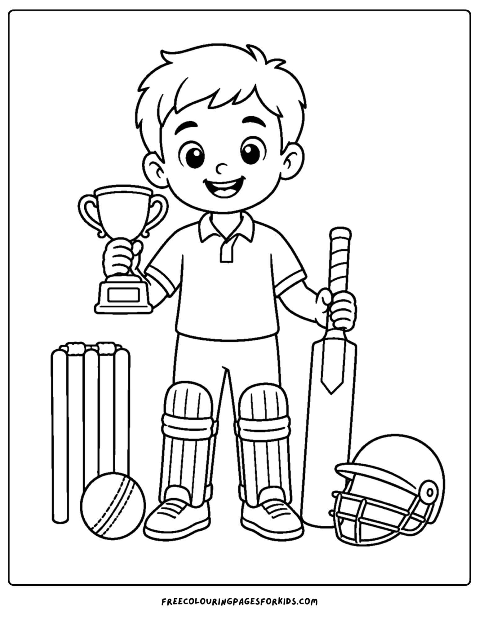 a cricket coloring page of a player holding a winners trophy beside the stumps