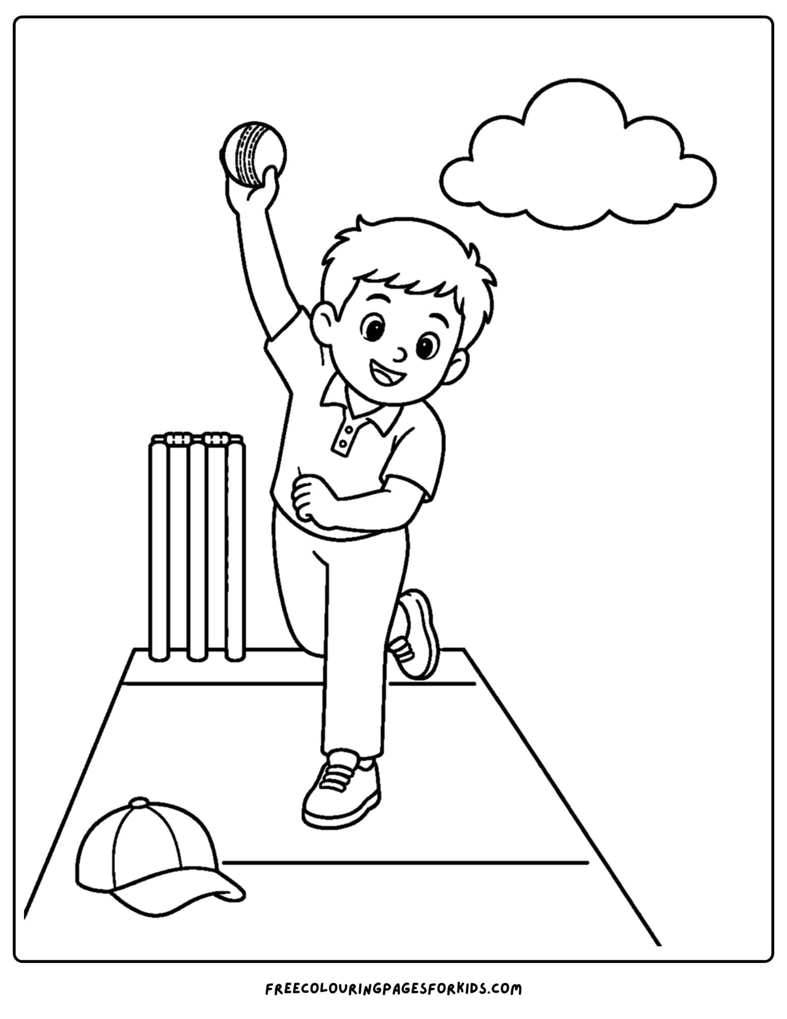 a cricket coloring page of a player bowling the ball down the pitch