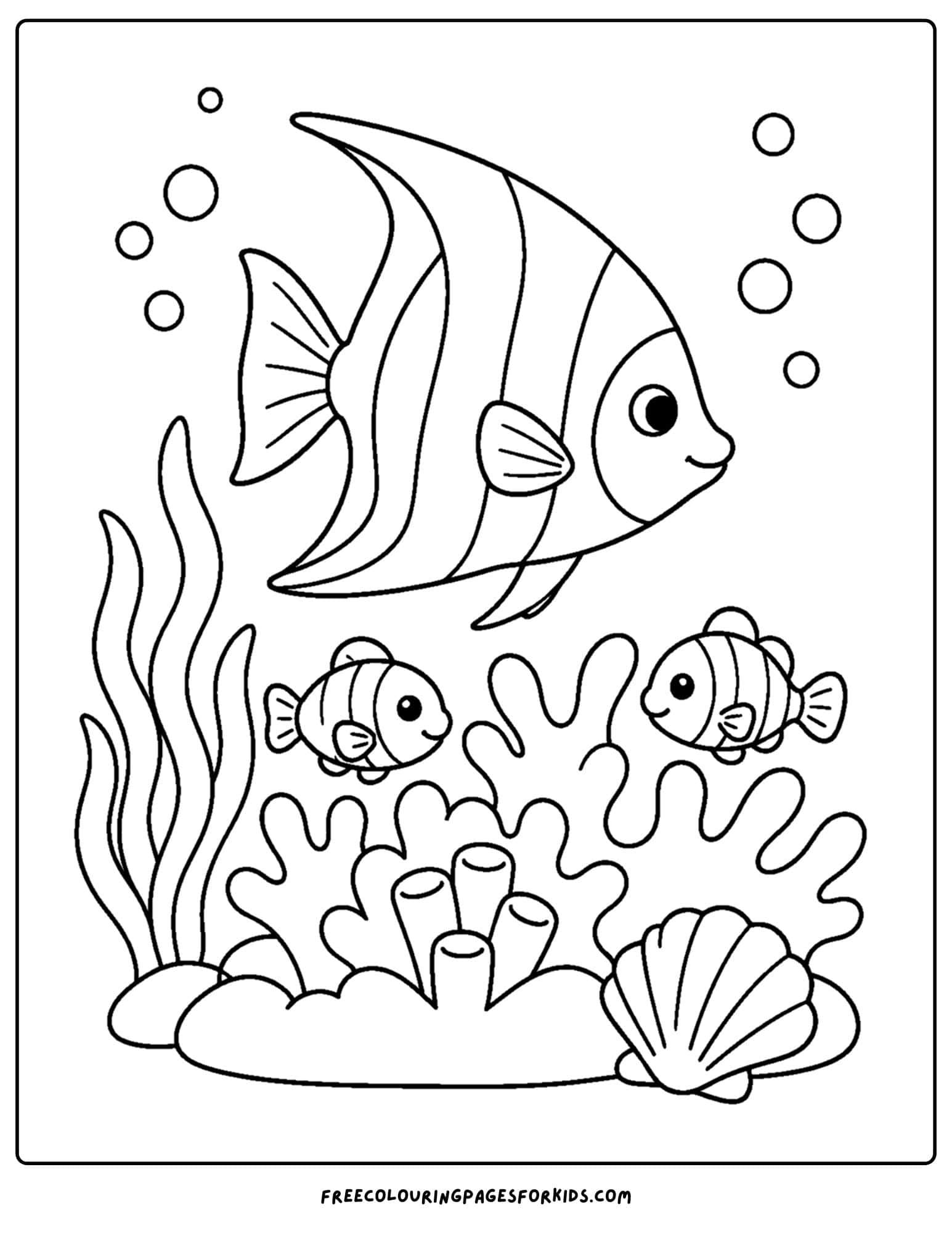 a coloring page of an angel fish above the coral