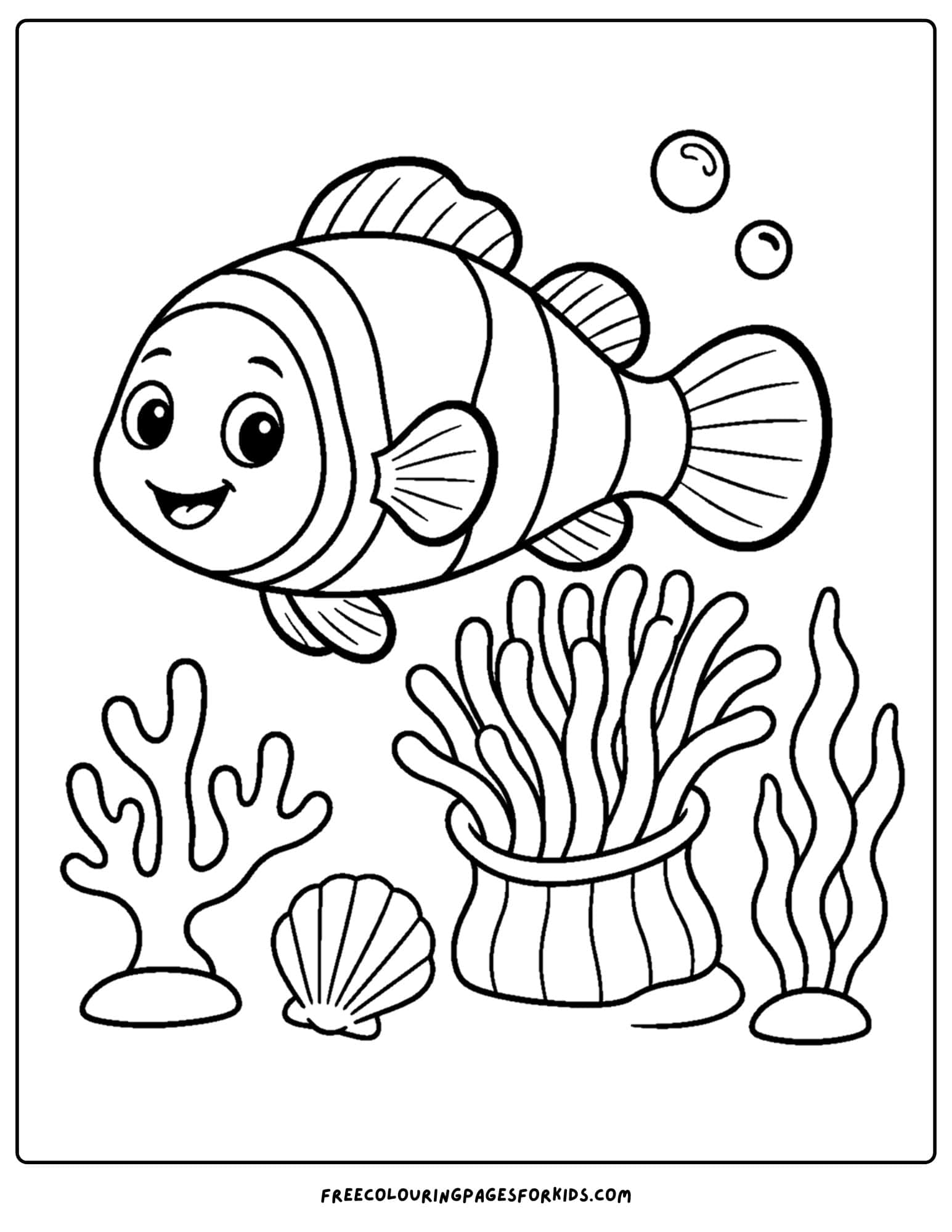 a coloring page of a clownfish beside coral