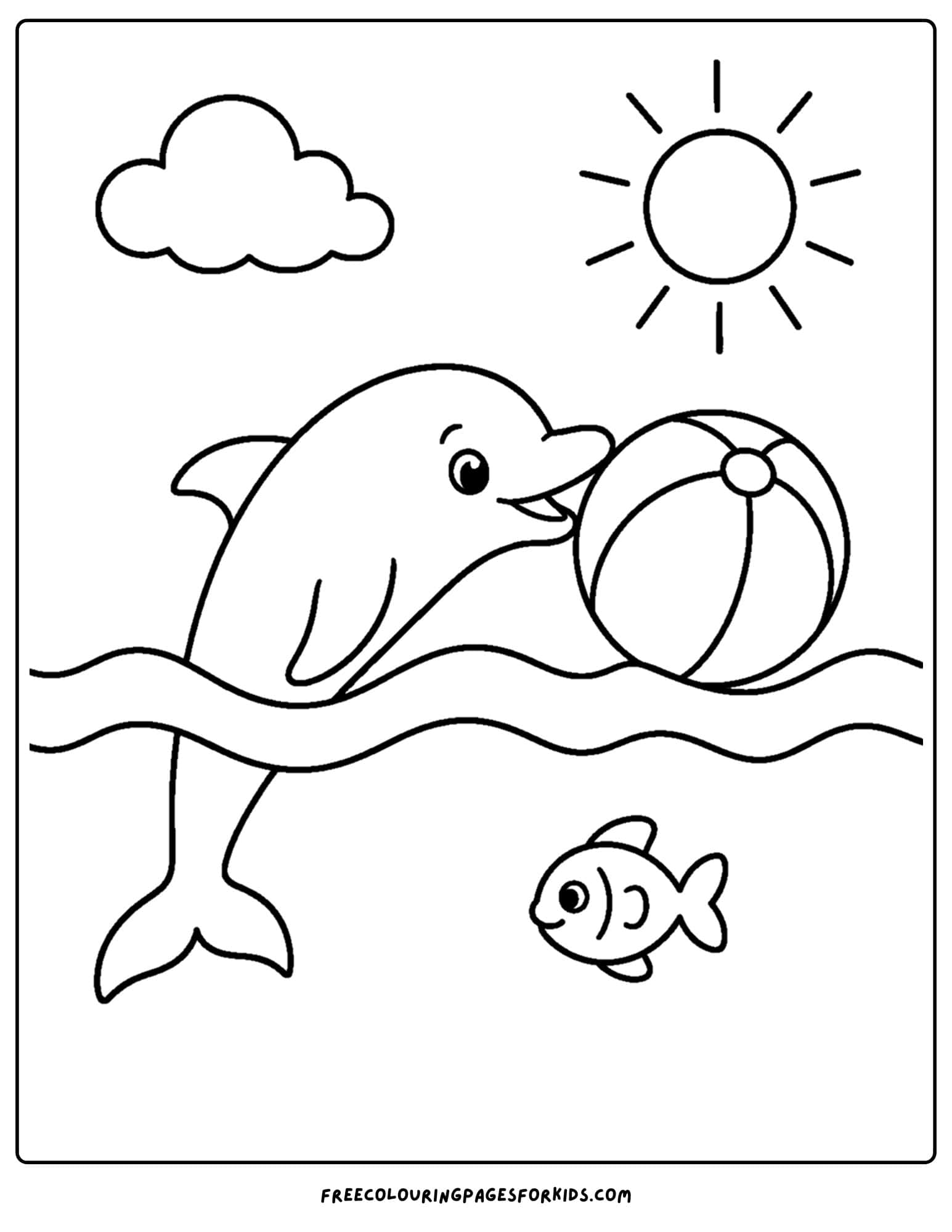a coloring page of a dolphin playing with a beach ball