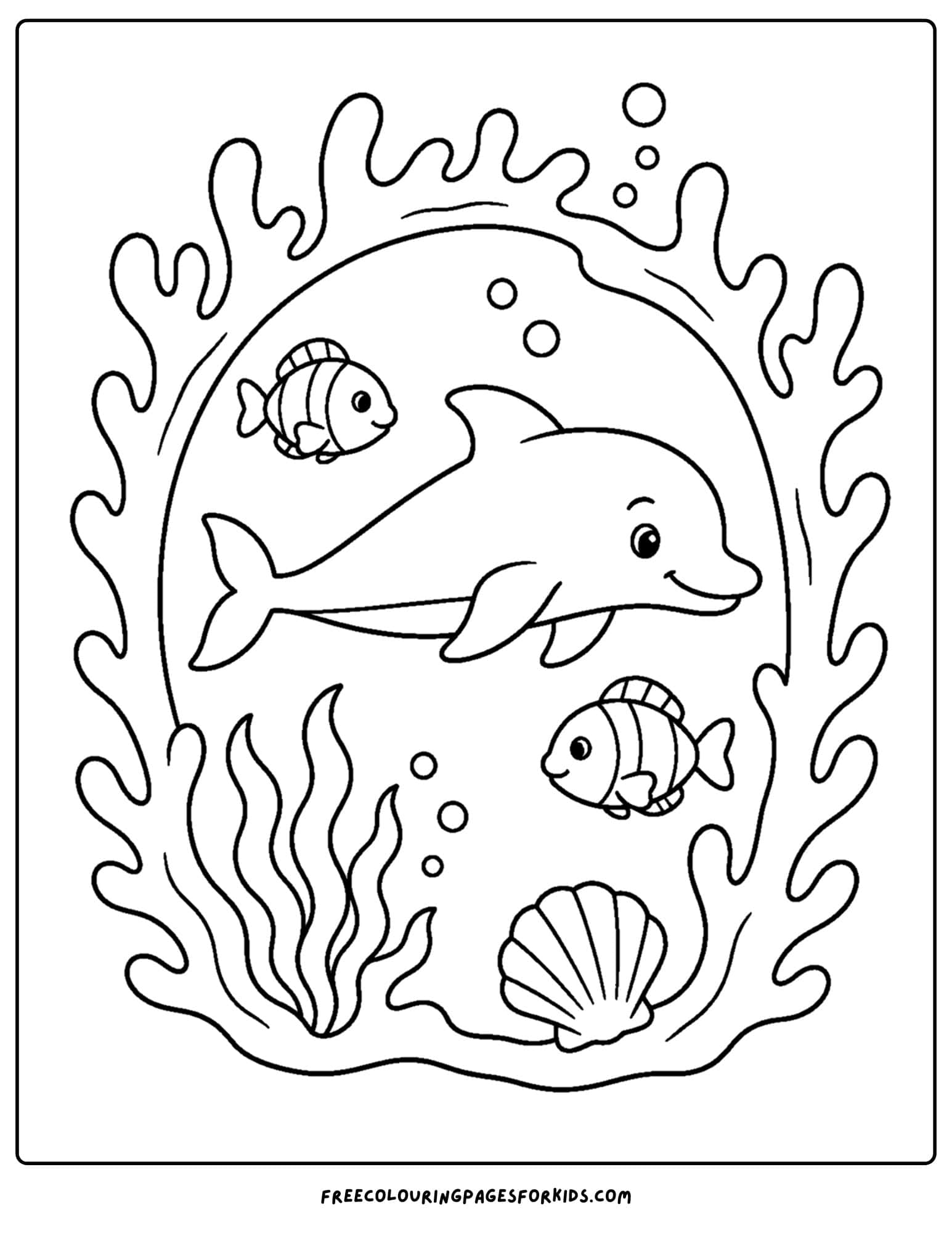 a coloring page of a dolphin swimming through a coral arch