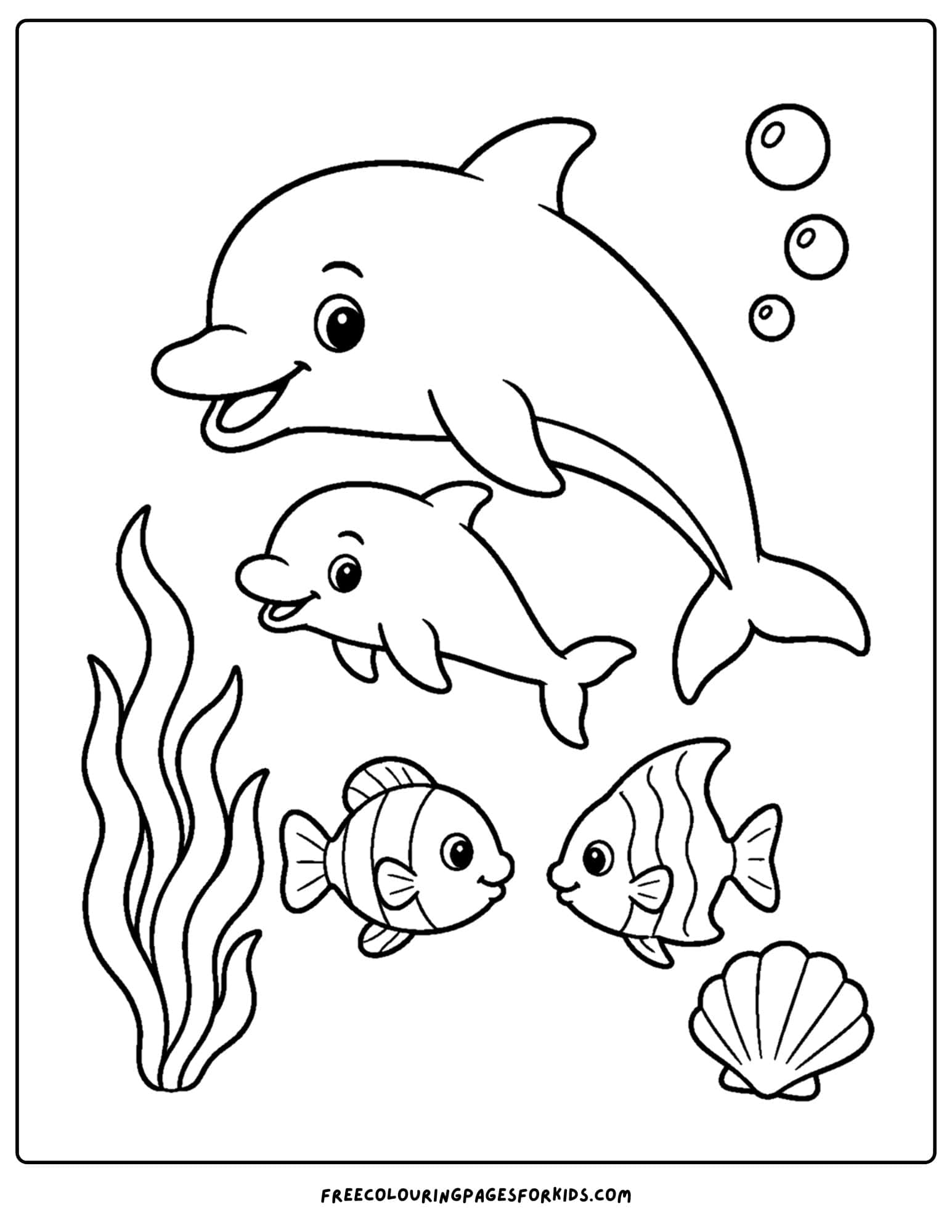 a coloring page of a dolphin family and other fish