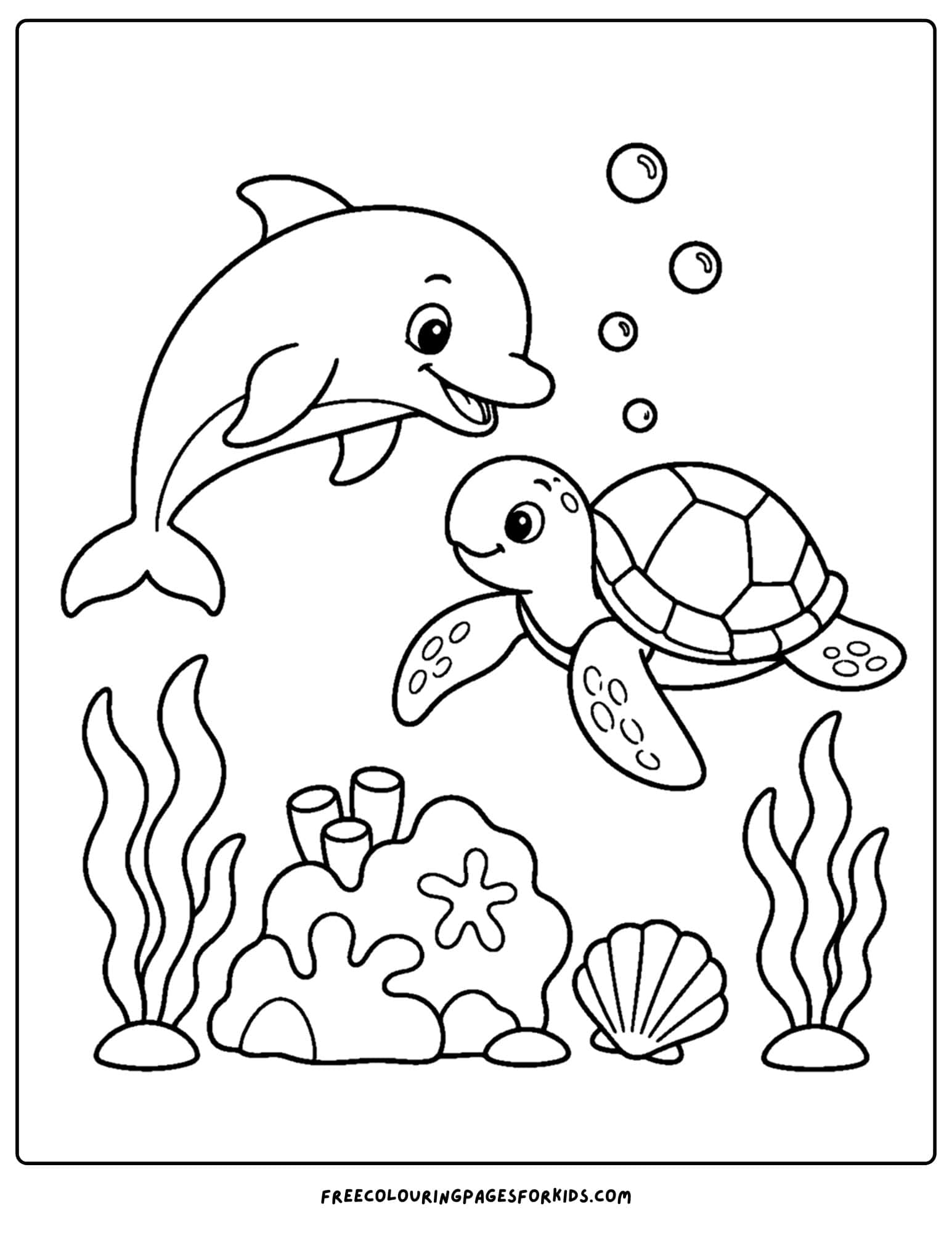 a coloring page of a turtle and dolphin