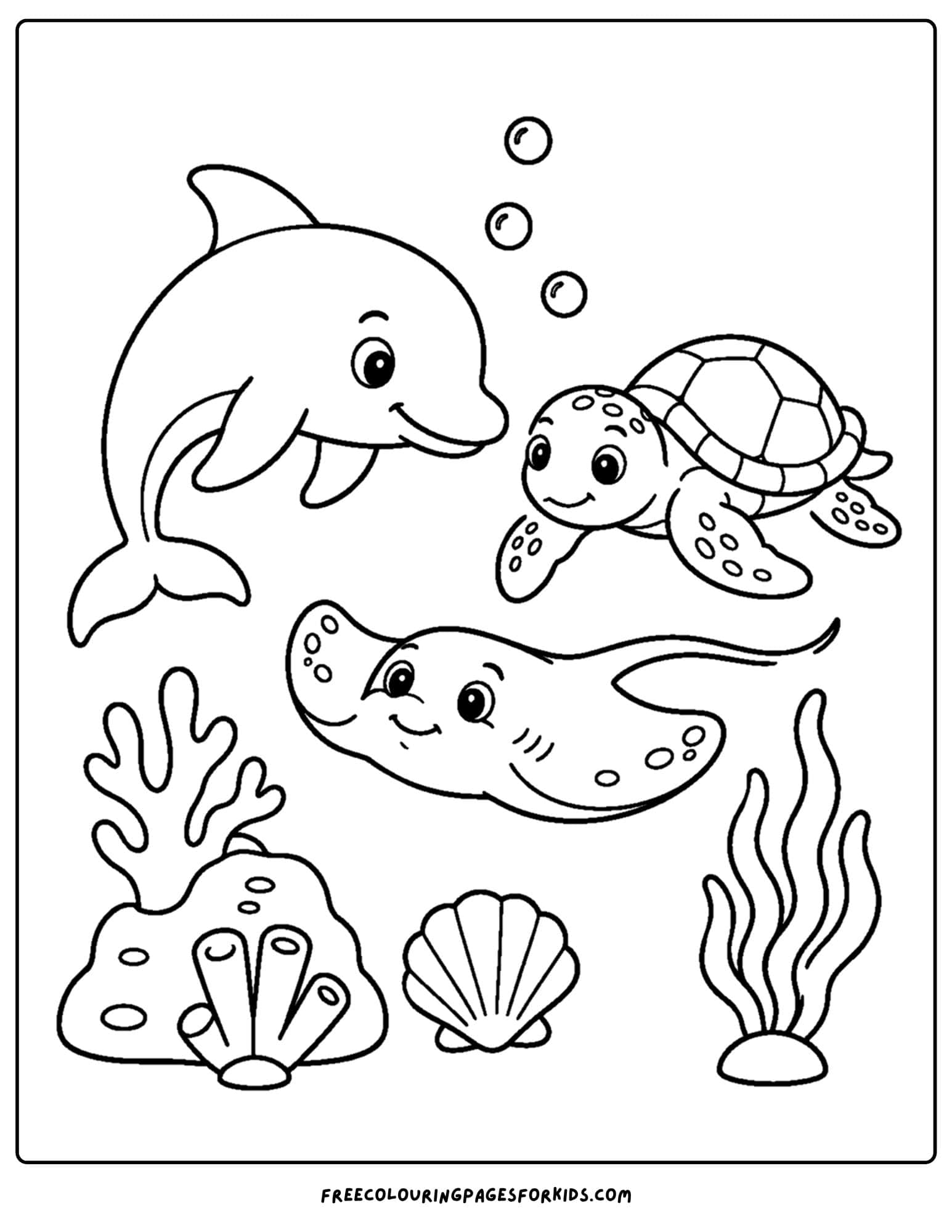a coloring page of a dolphin, sea turtle and stingray together