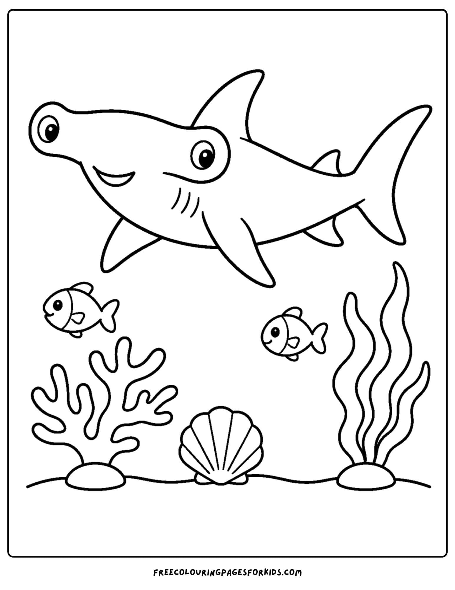 a coloring page of a hammerhead shark swimming along the ocean floor