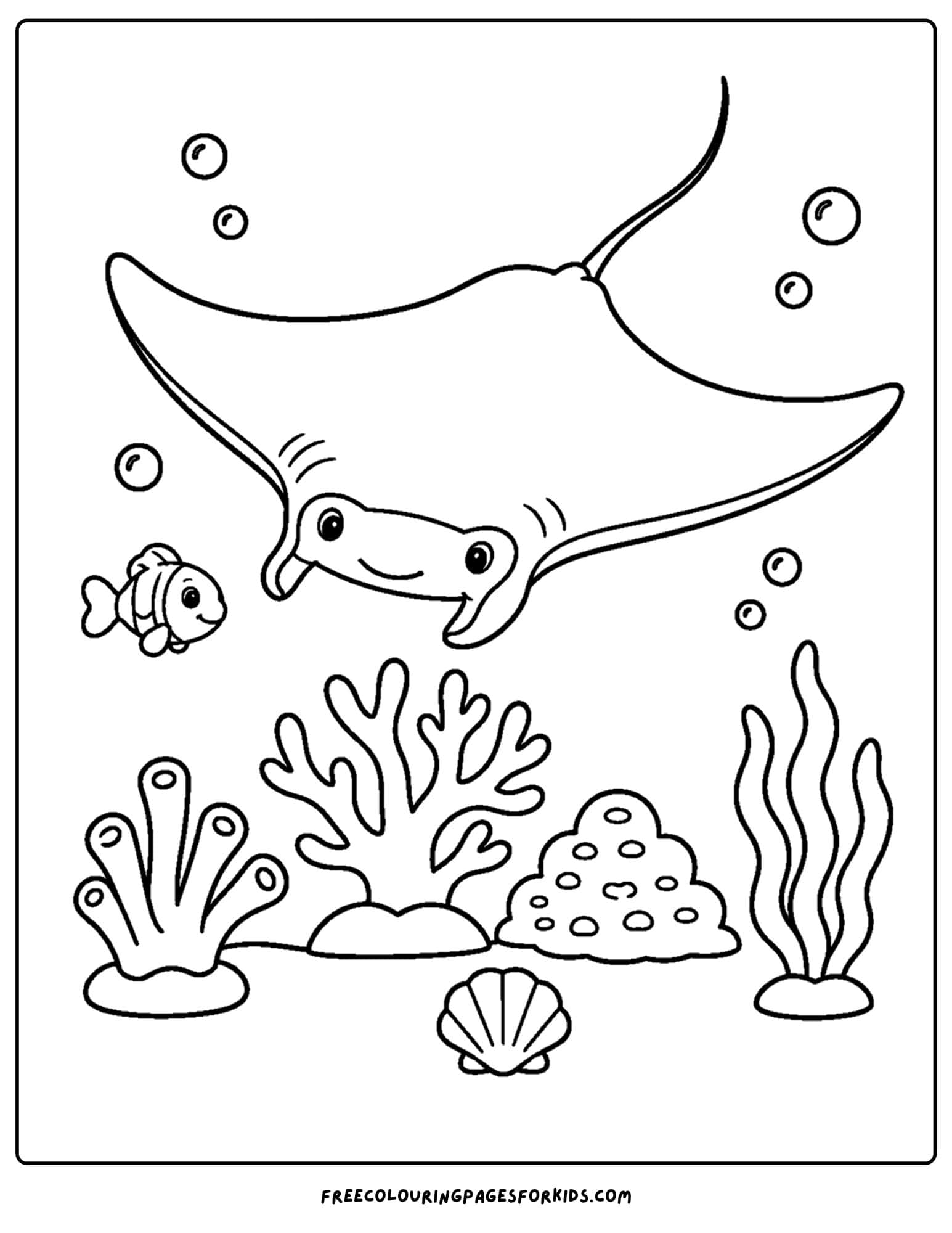 a coloring page of a manta ray in the ocean