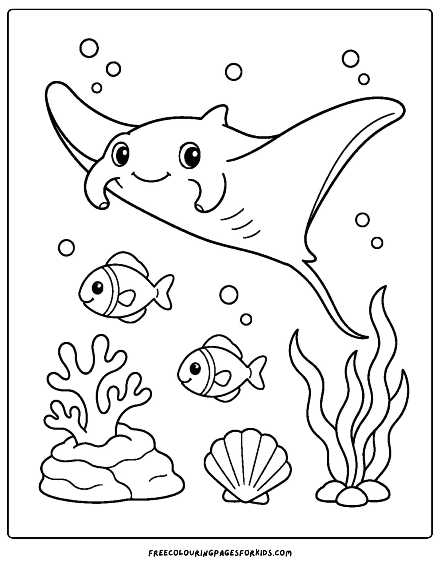 a coloring page of a manta ray gliding along in the water