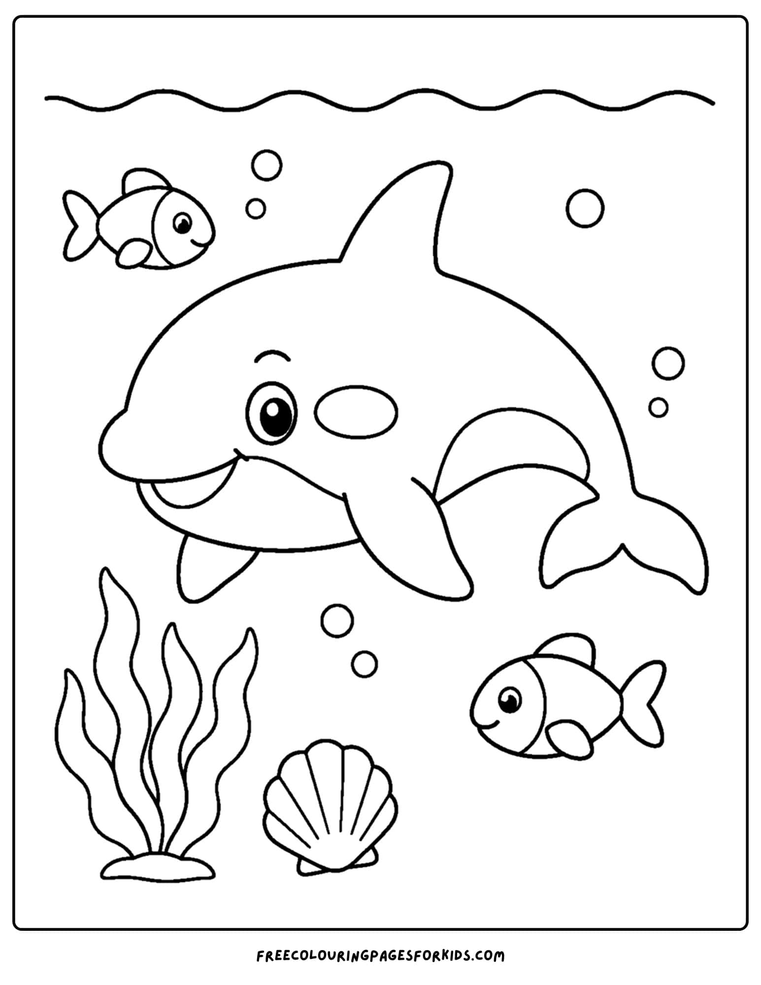 a coloring page of an orca swimming along
