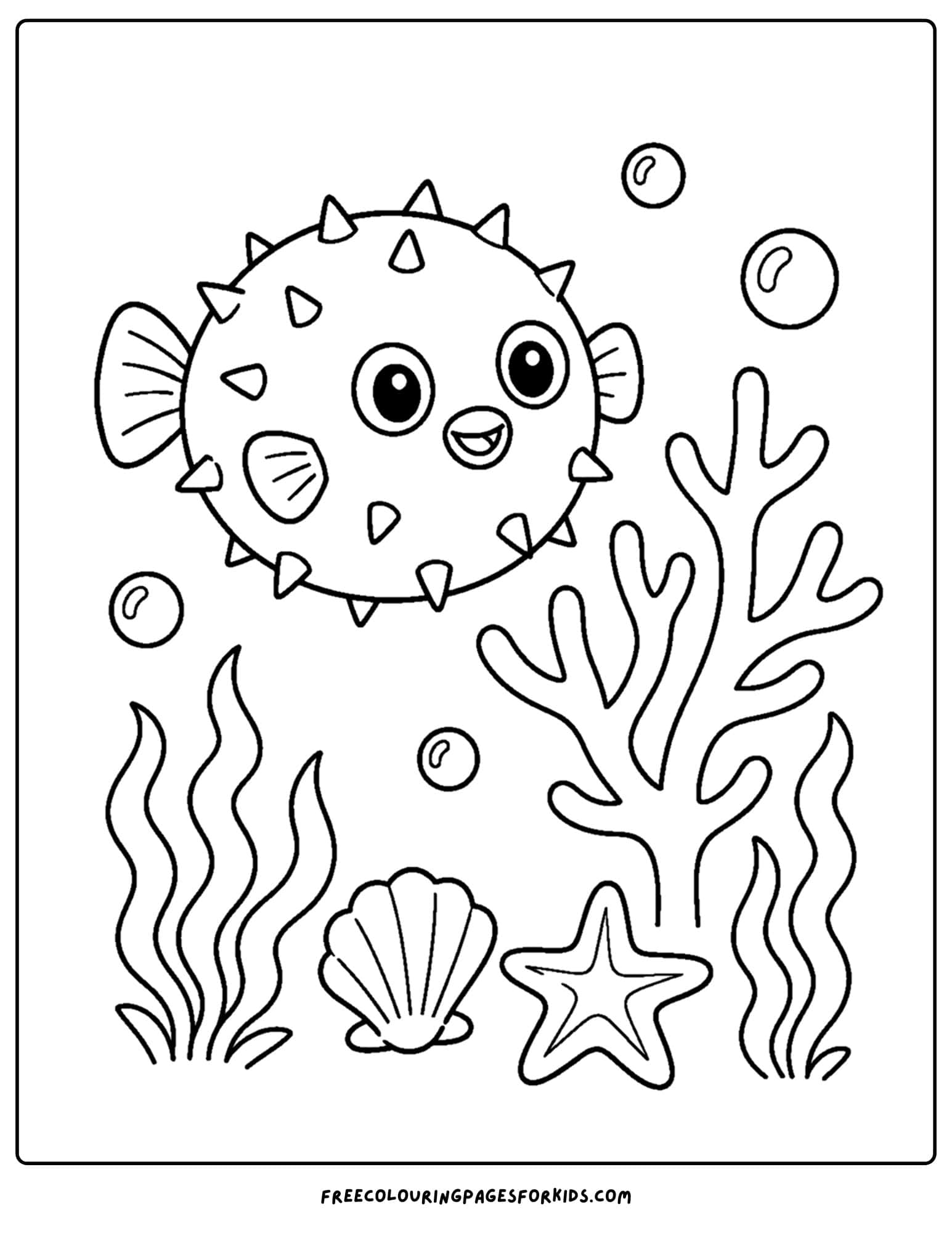 a coloring page of a pufferfish beside a coral reef
