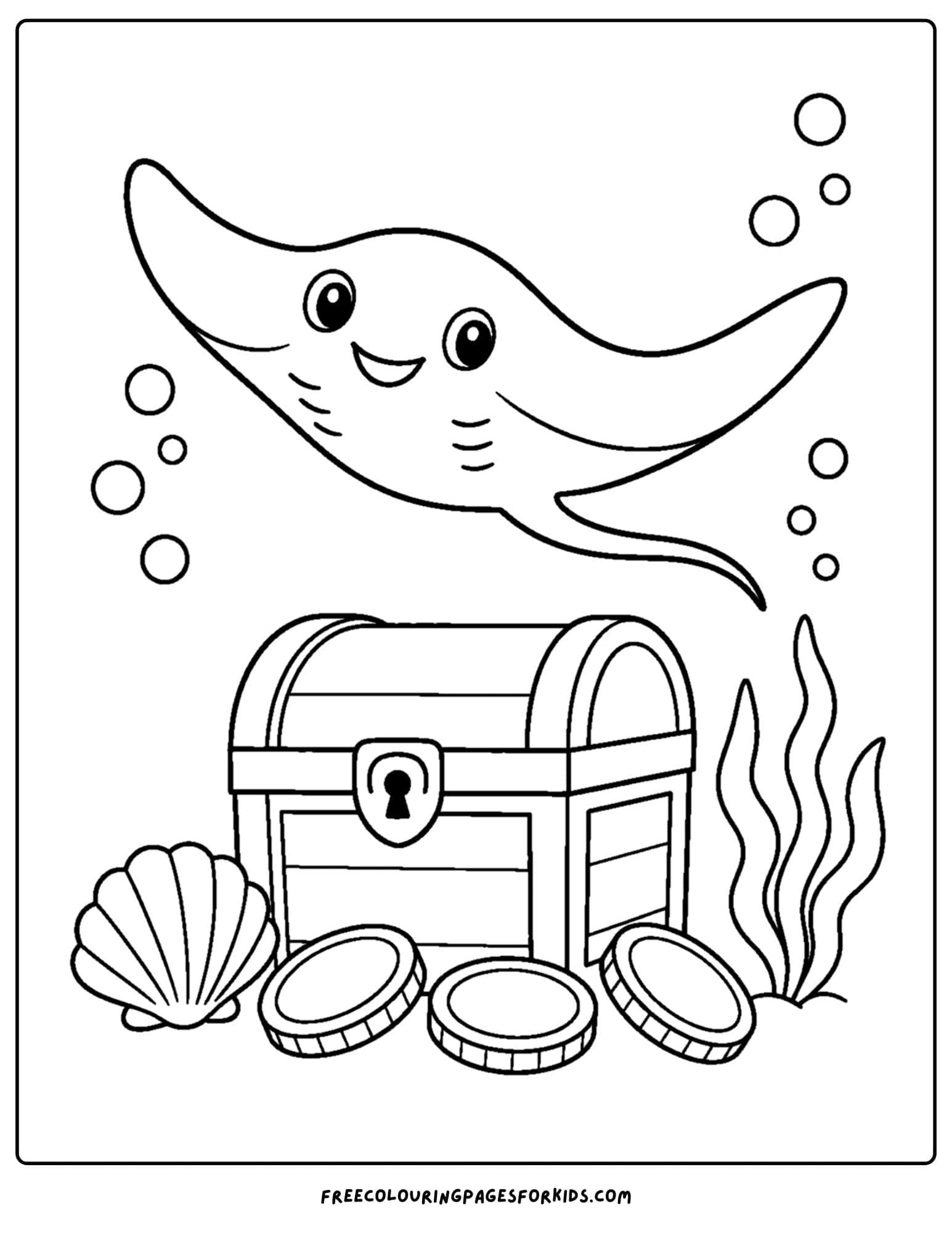 a coloring page of a stingray swimming over a treasure chest