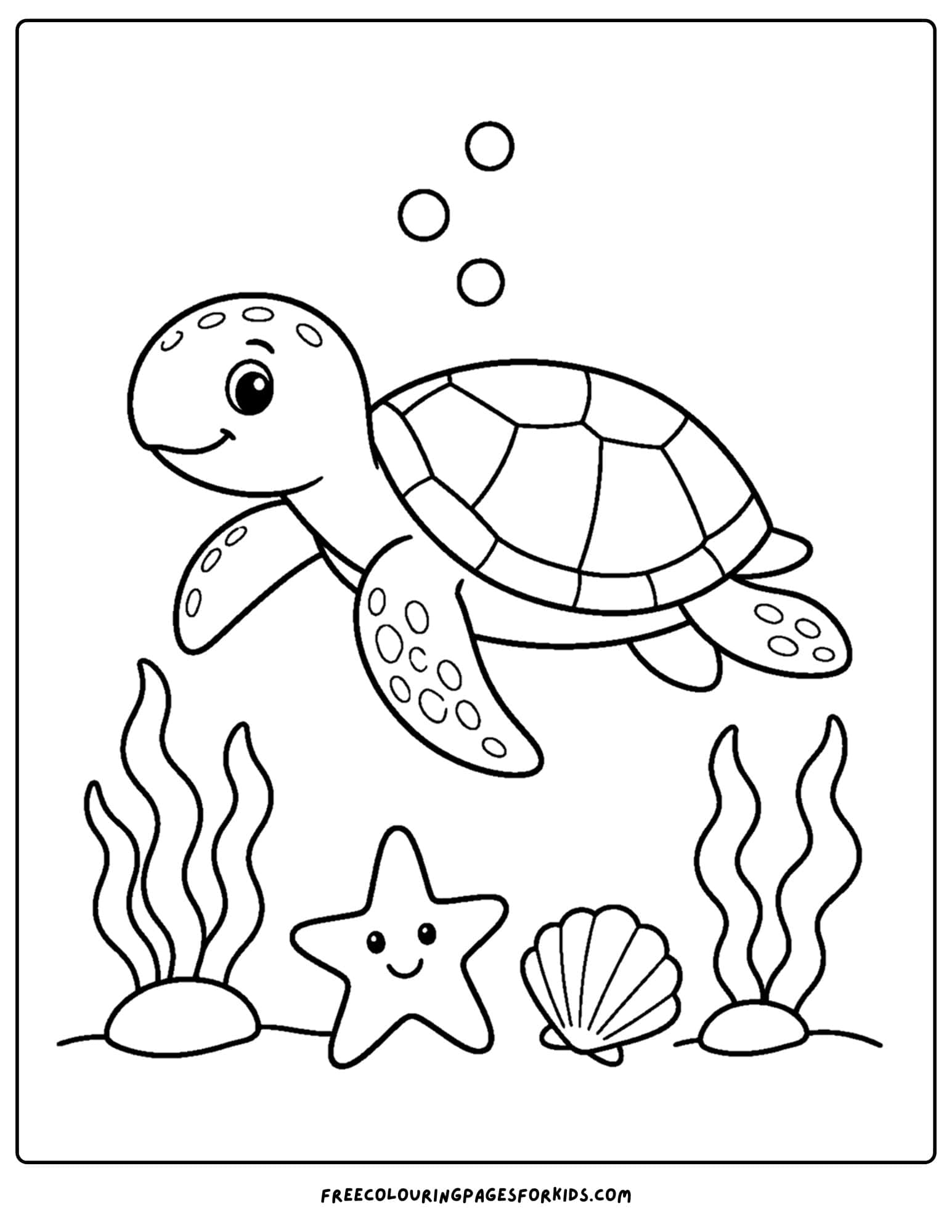 a coloring page of a sea turtle swimming under the ocean