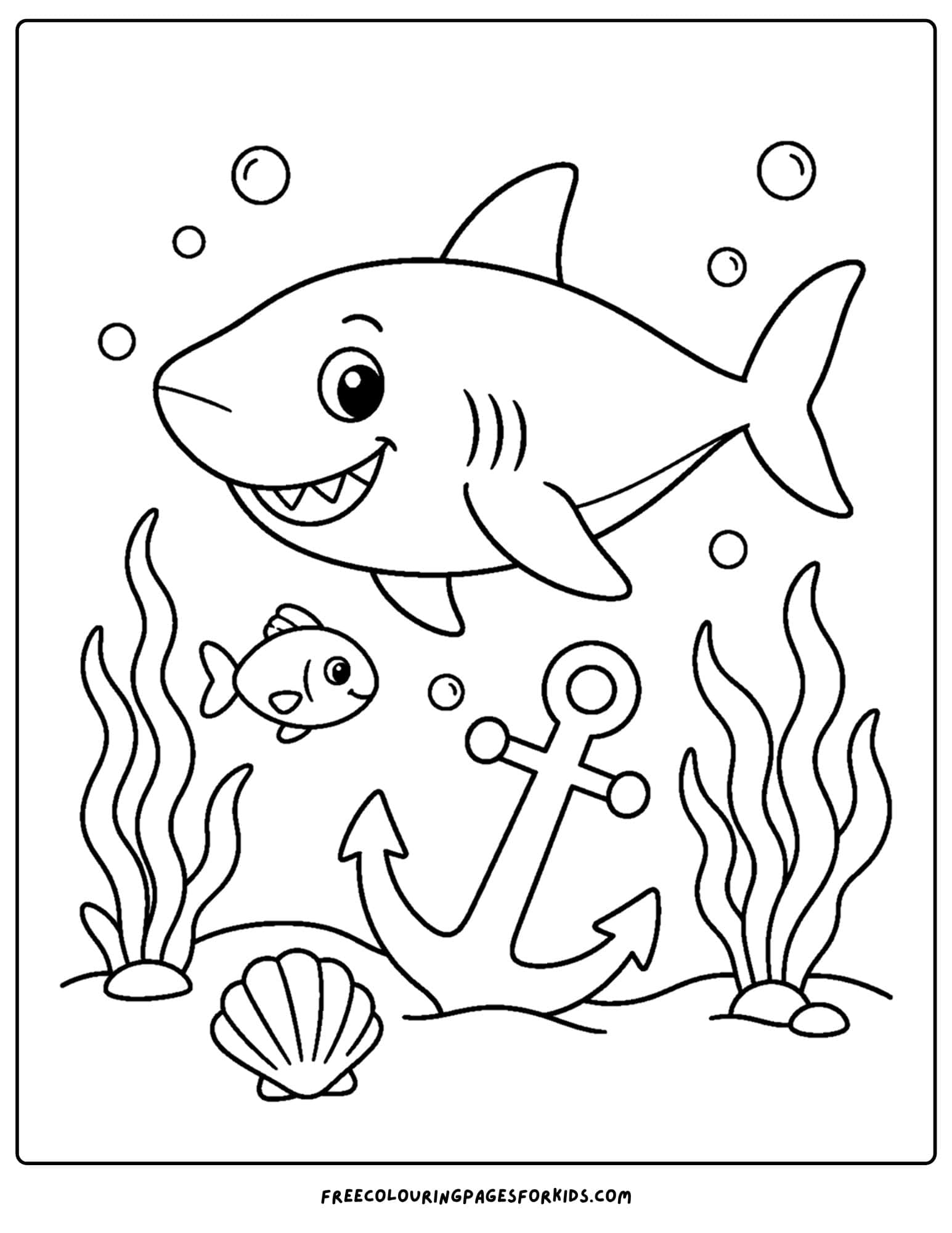 a coloring page of a shark swimming past an anchor