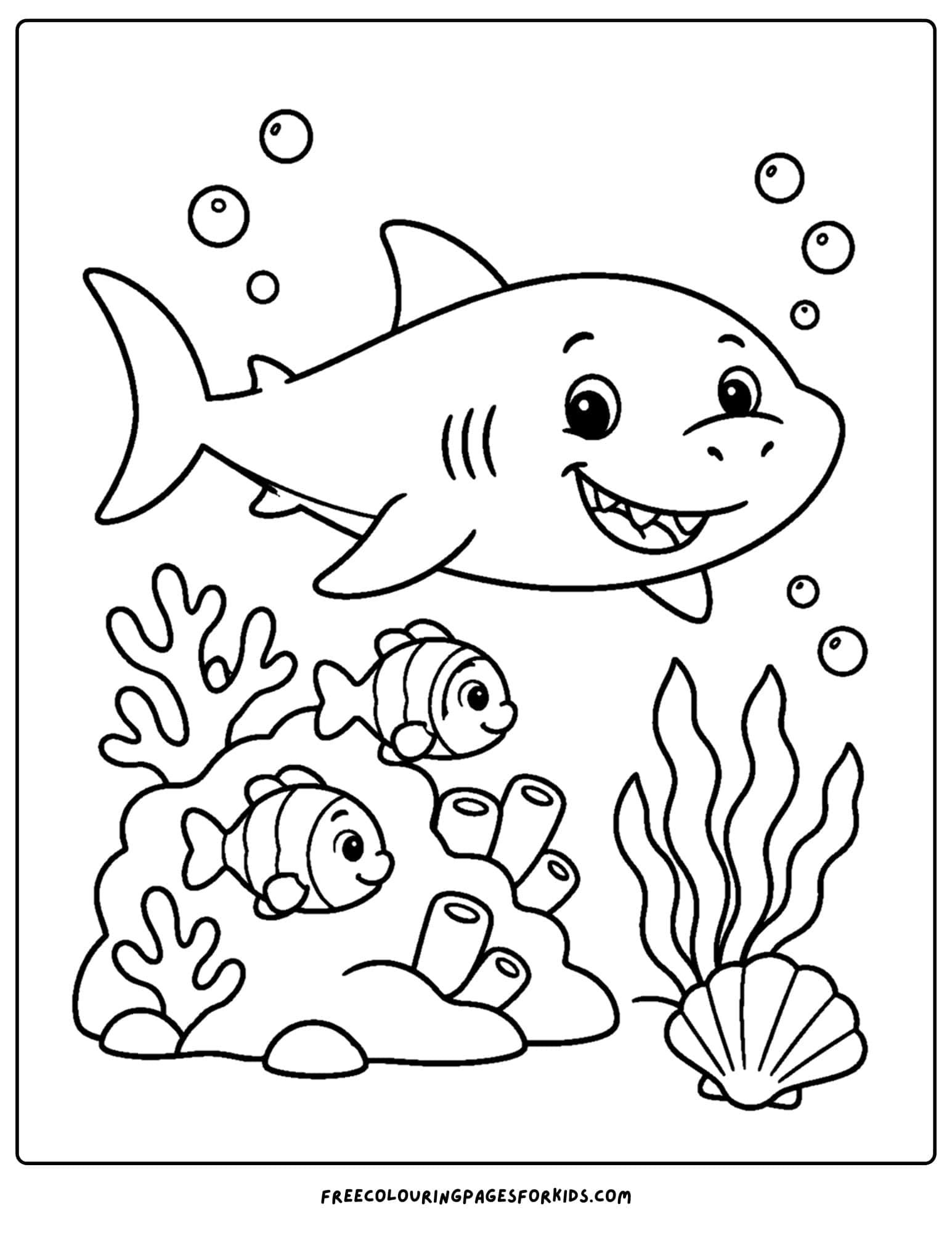 a coloring page of a shark on a coral reef