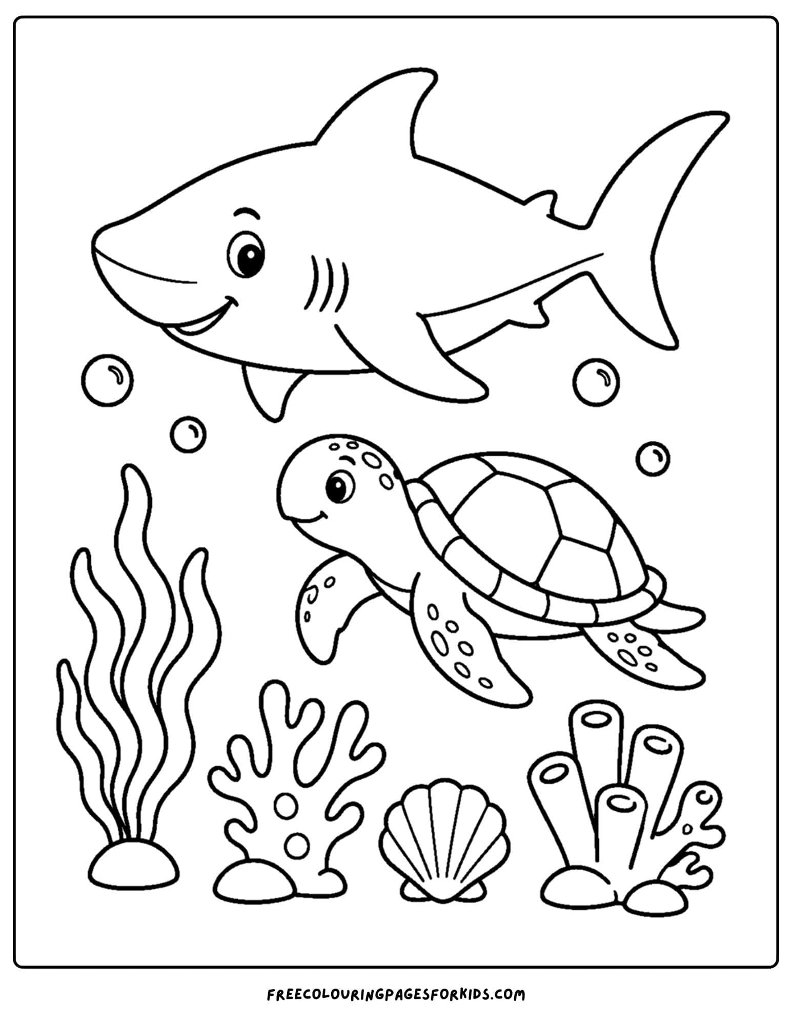 a coloring page of a shark and sea turtle