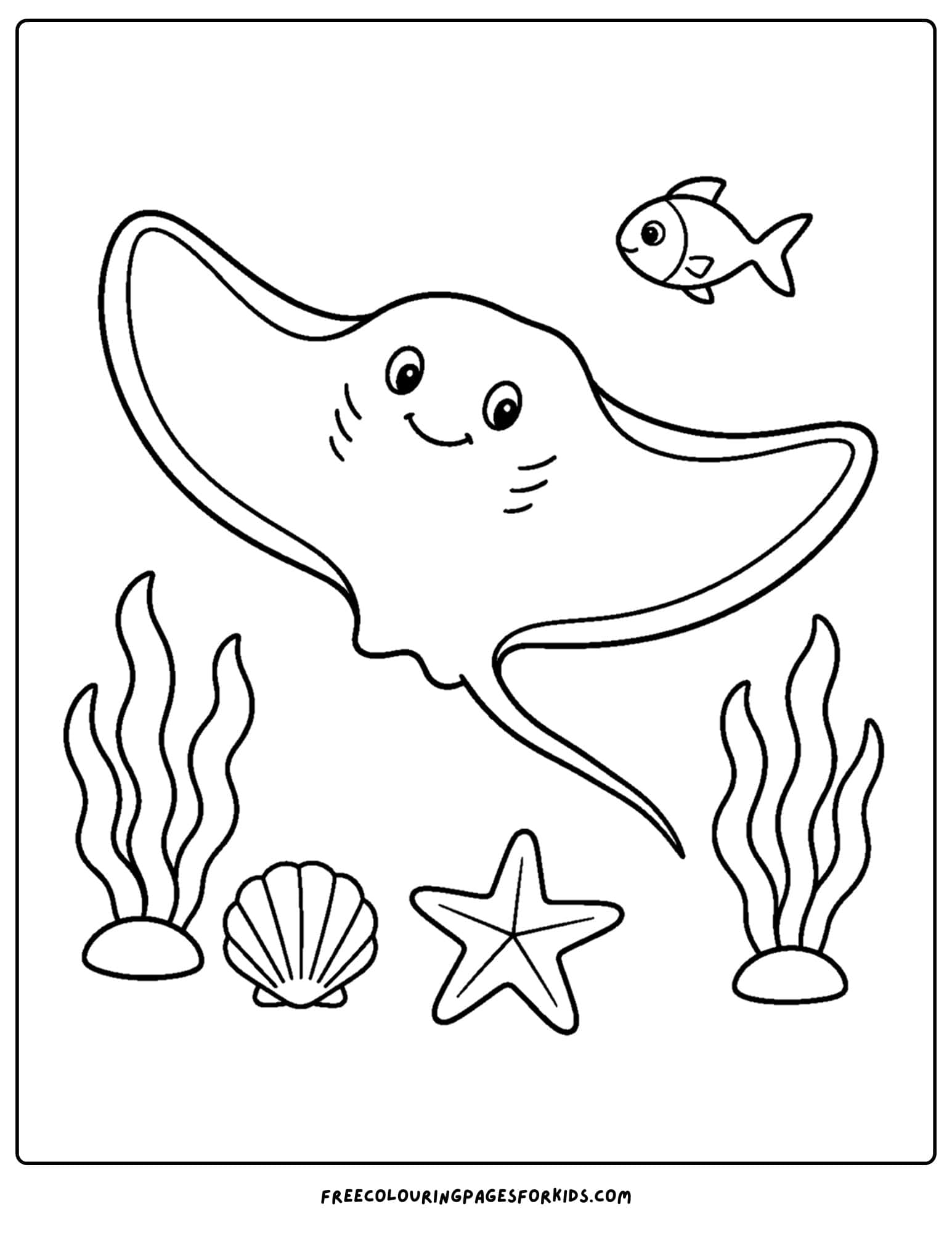 a coloring page of a stingray on the ocean floor