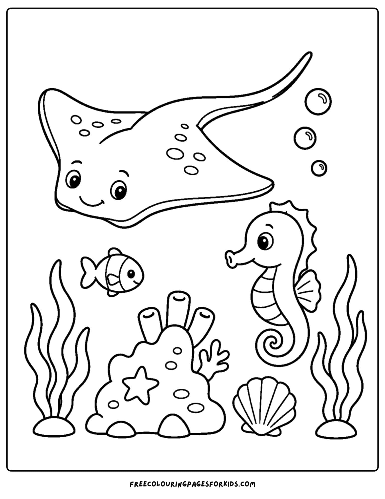 a coloring page of a stingray and seahorse in the ocean