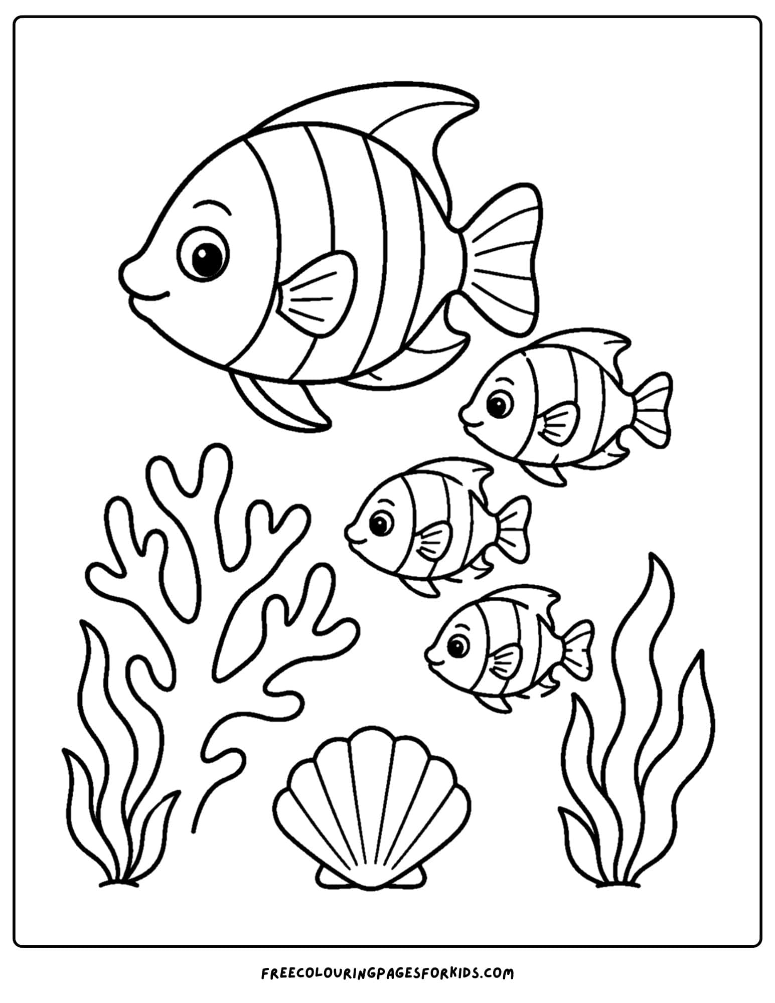 a coloring page of tropical fish swimming past coral