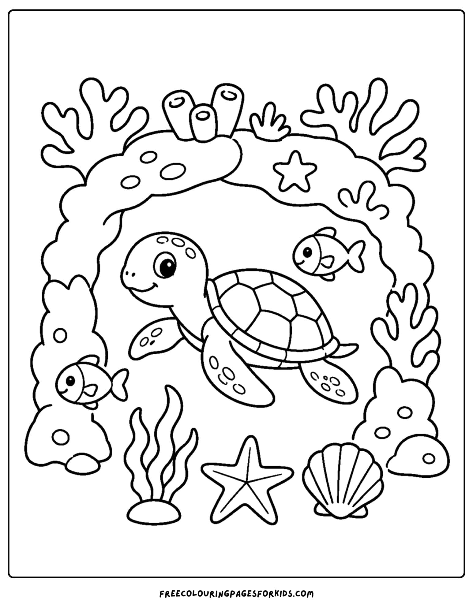 a coloring page of a turtle swimming under a coral arch