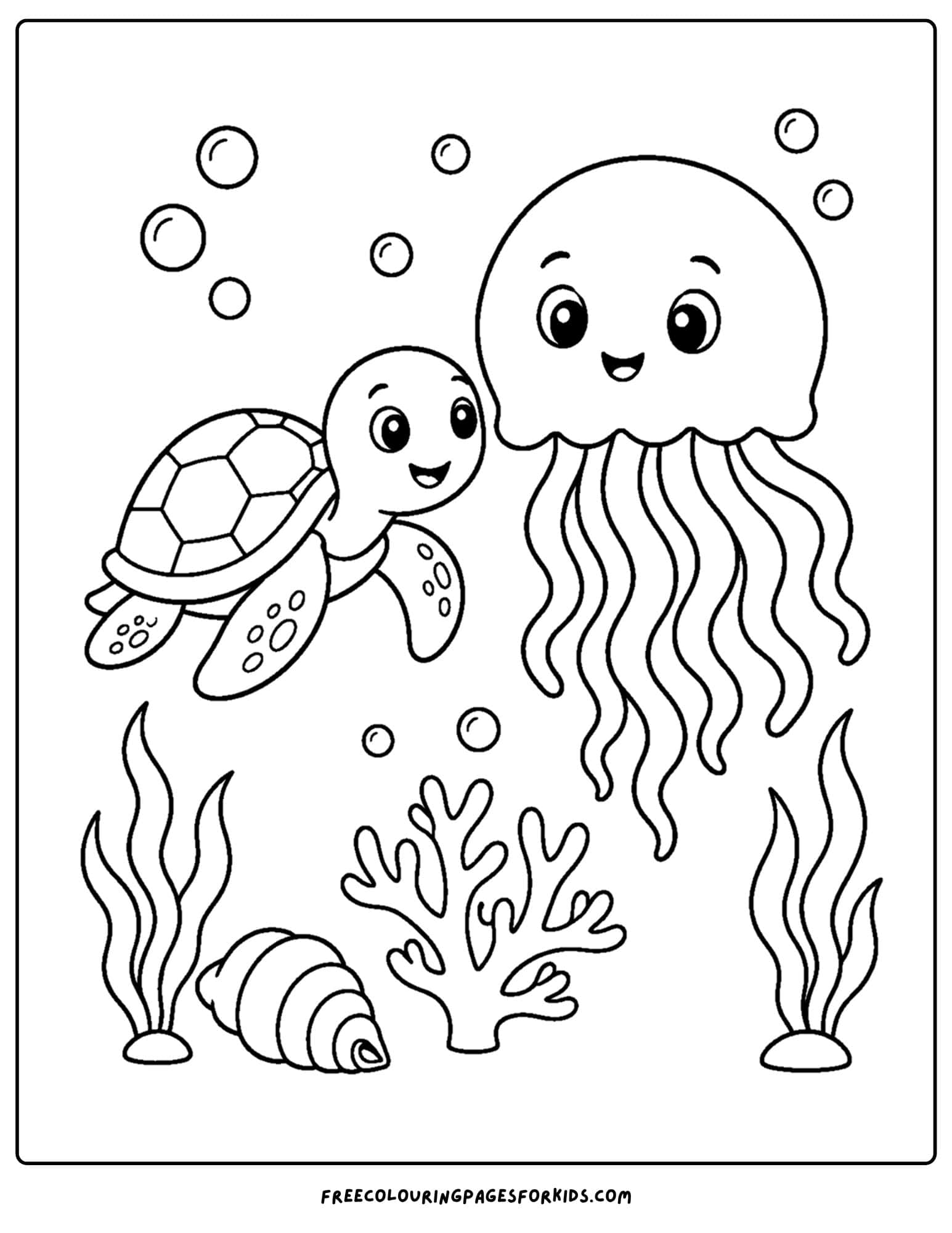 a coloring page of a turtle and a jellyfish
