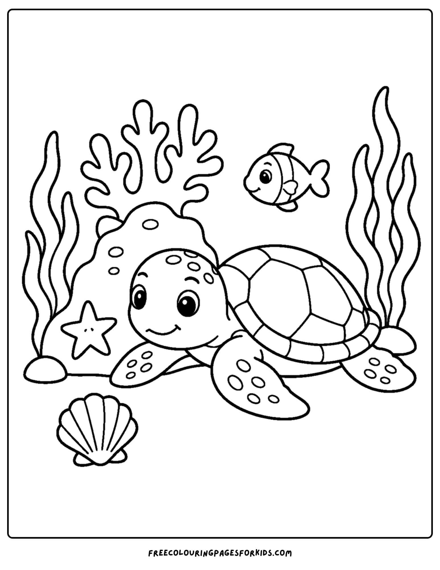 a coloring page of a turtle resting among some coral