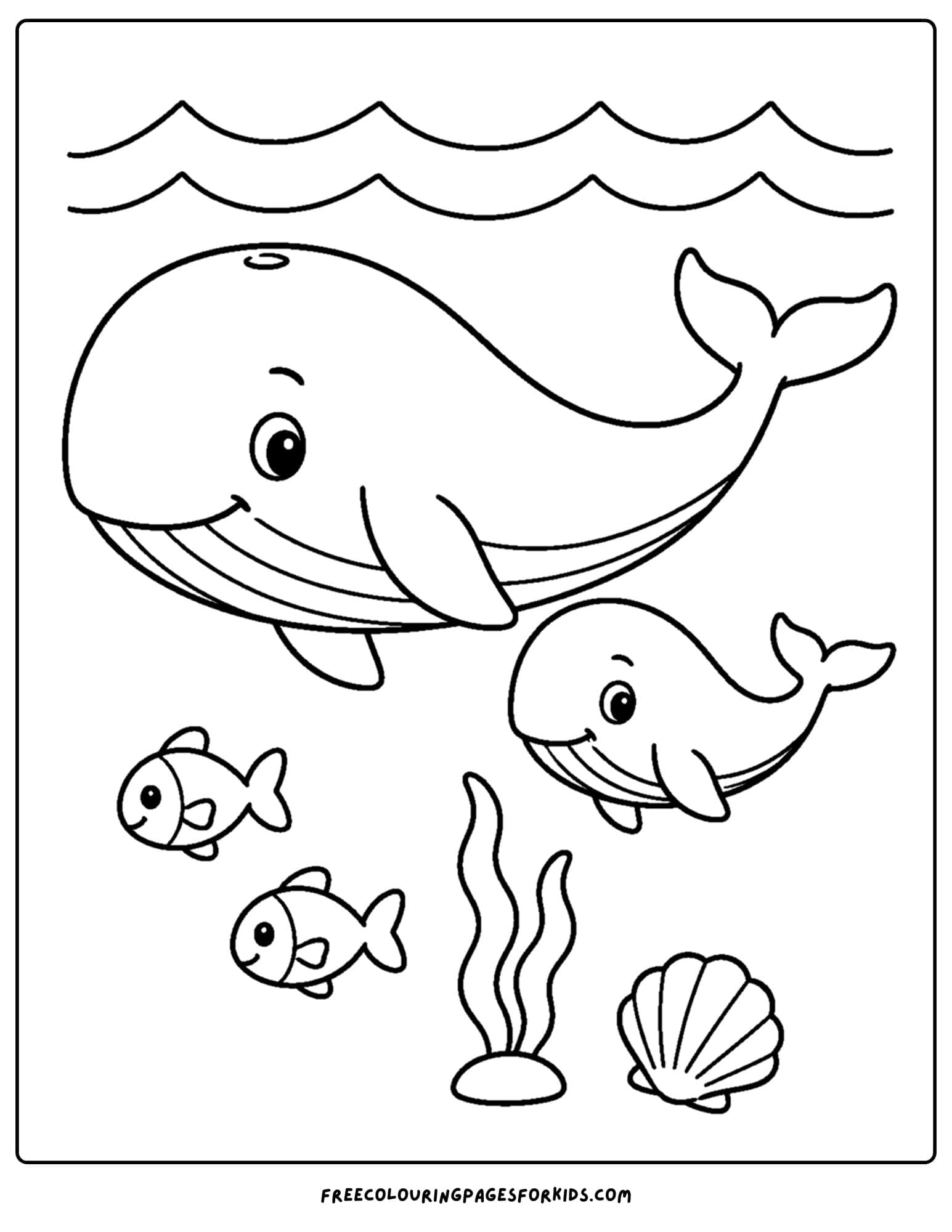 a coloring page of a whale and its baby calf