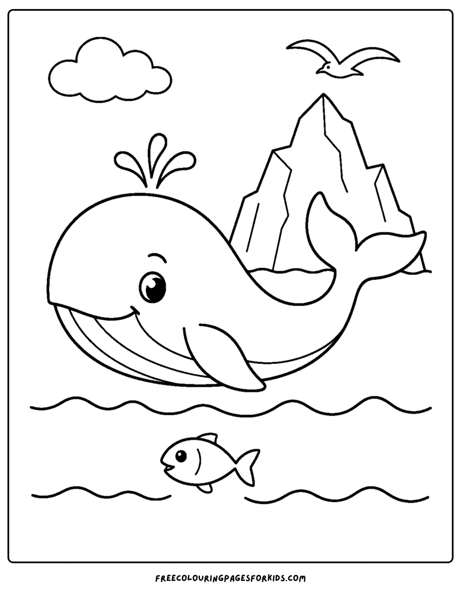 a coloring page of a whale near a iceberg