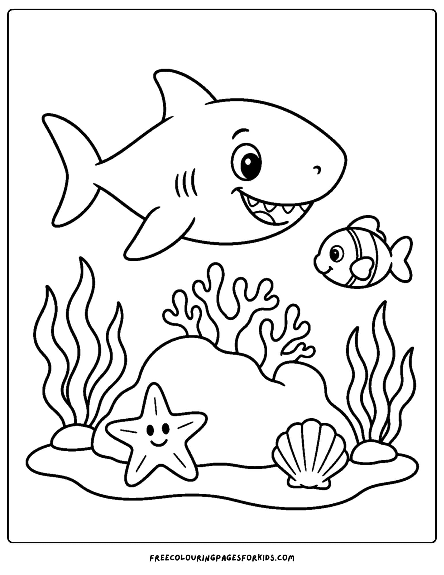 a coloring page of a shark exploring the ocean
