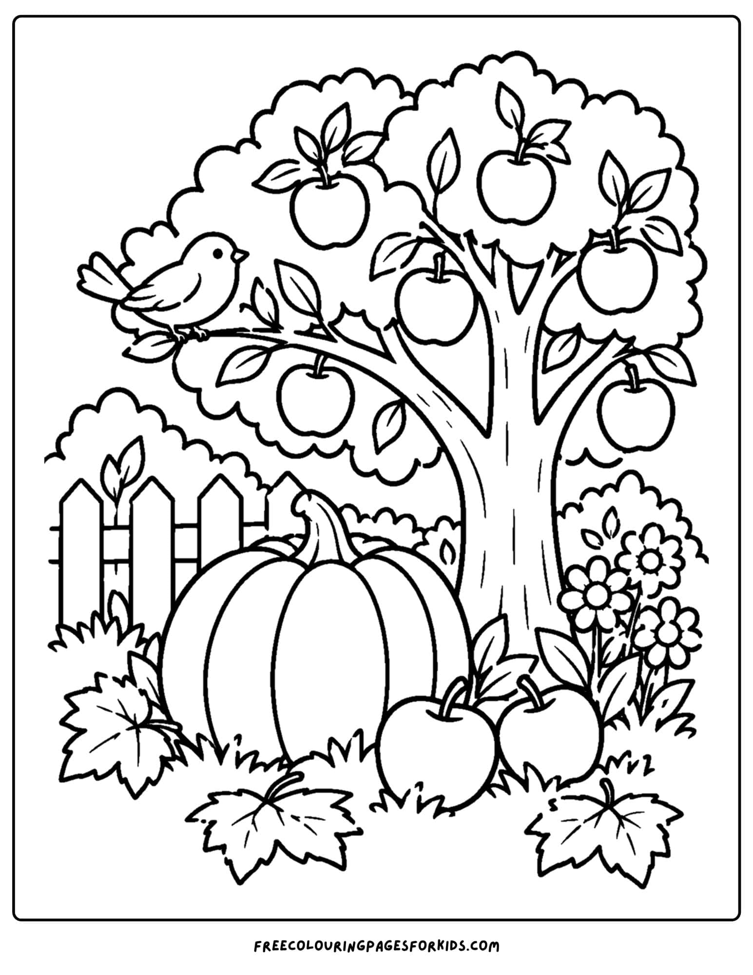 a coloring page of a pumpkin growing under an apple tree
