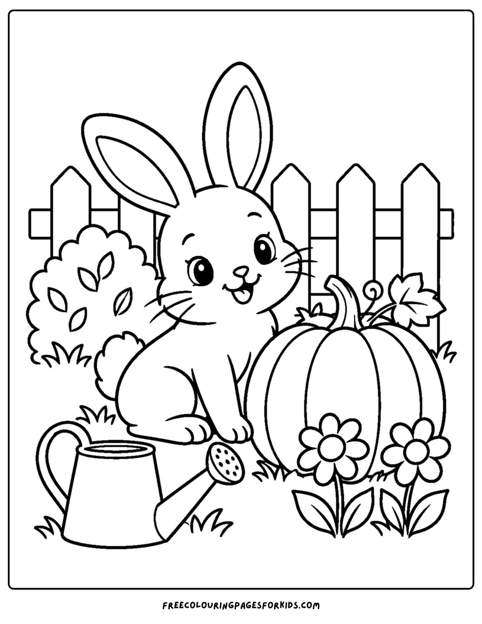a coloring page of a pumpkin and a bunny rabbit in a garden
