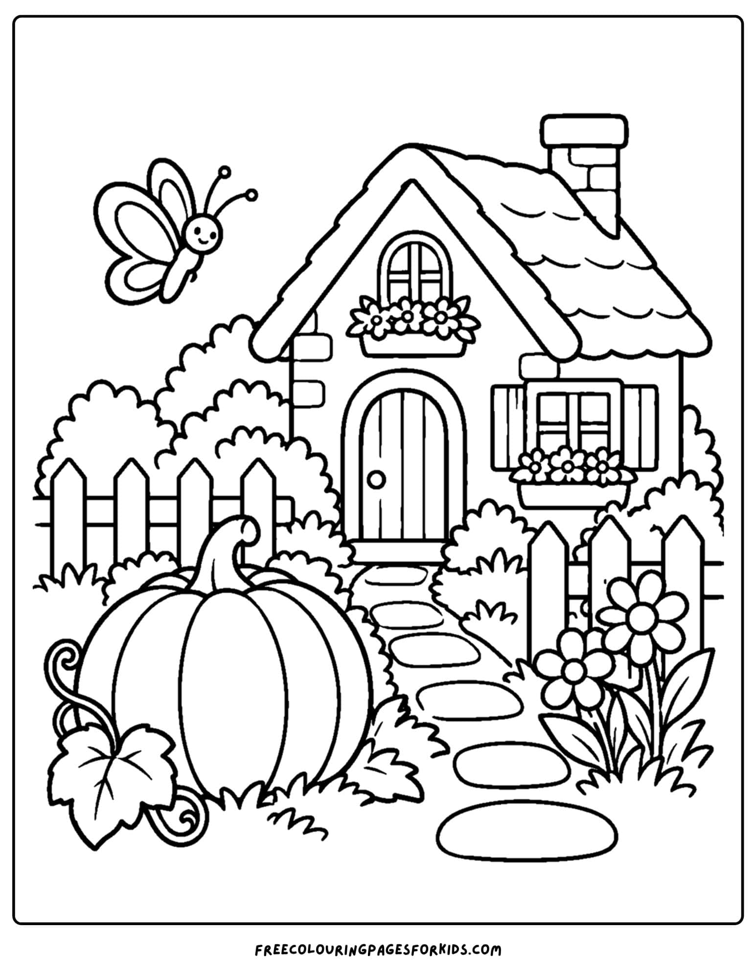 a coloring page of a pumpkin growing outside a cottage