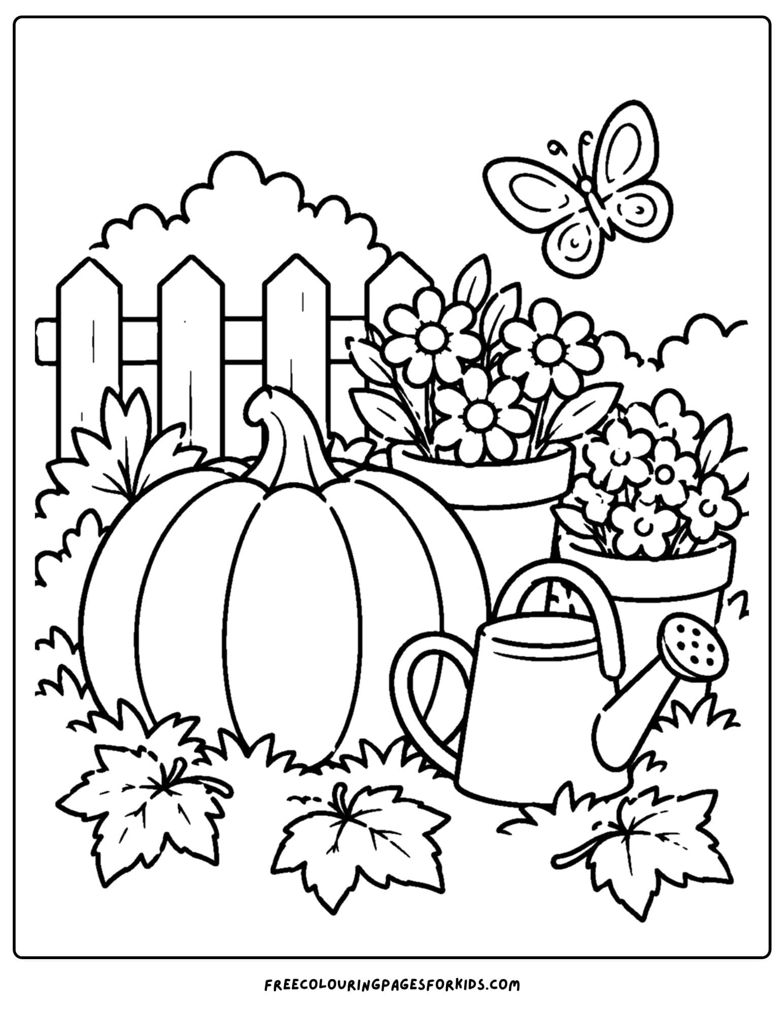 a coloring page of a pumpkin growing beside flower pots